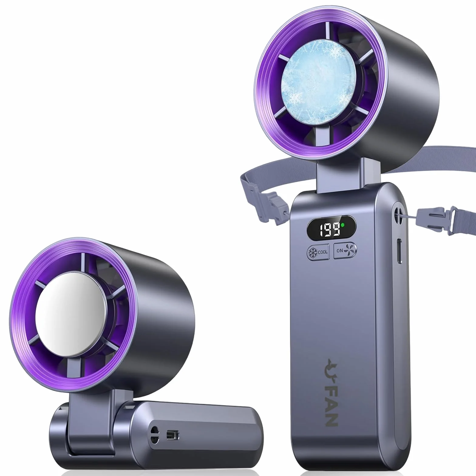 Mini ventilatore portatile a mano,Funzione di raffreddamento,5000 mAh,Flusso d'aria potente di 10 m/s(1-199 velocità),Ventilatore da collo pieghevole USB per campeggio,Viaggi,Casa,Ufficio (Grey)