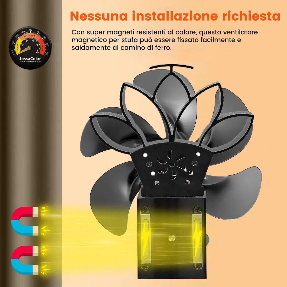 JossaColar Ventola per Stufa a Legna Magnetico | Ventola per Stufa a Pellet | ventilatore per stufa a legna | ventola per camino a legna con termometro magnetico