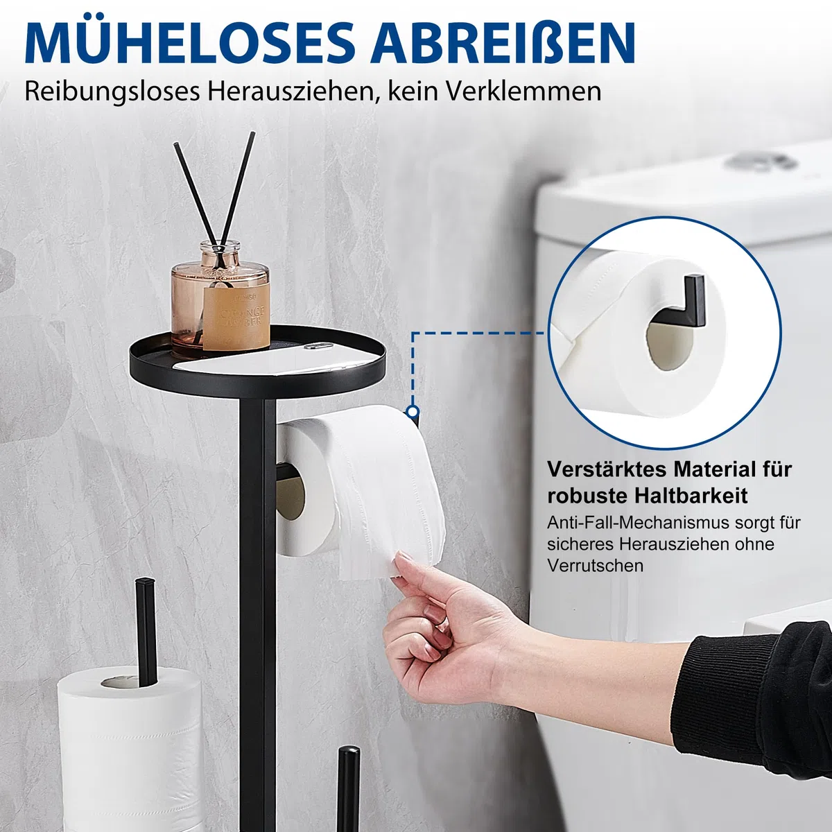 Scopino Bagno WC con Porta Carta Igienica da Terra Piantana Portarotolo e Scopino Per 4 Rotoli Scorta, Legno Nero, Circolare