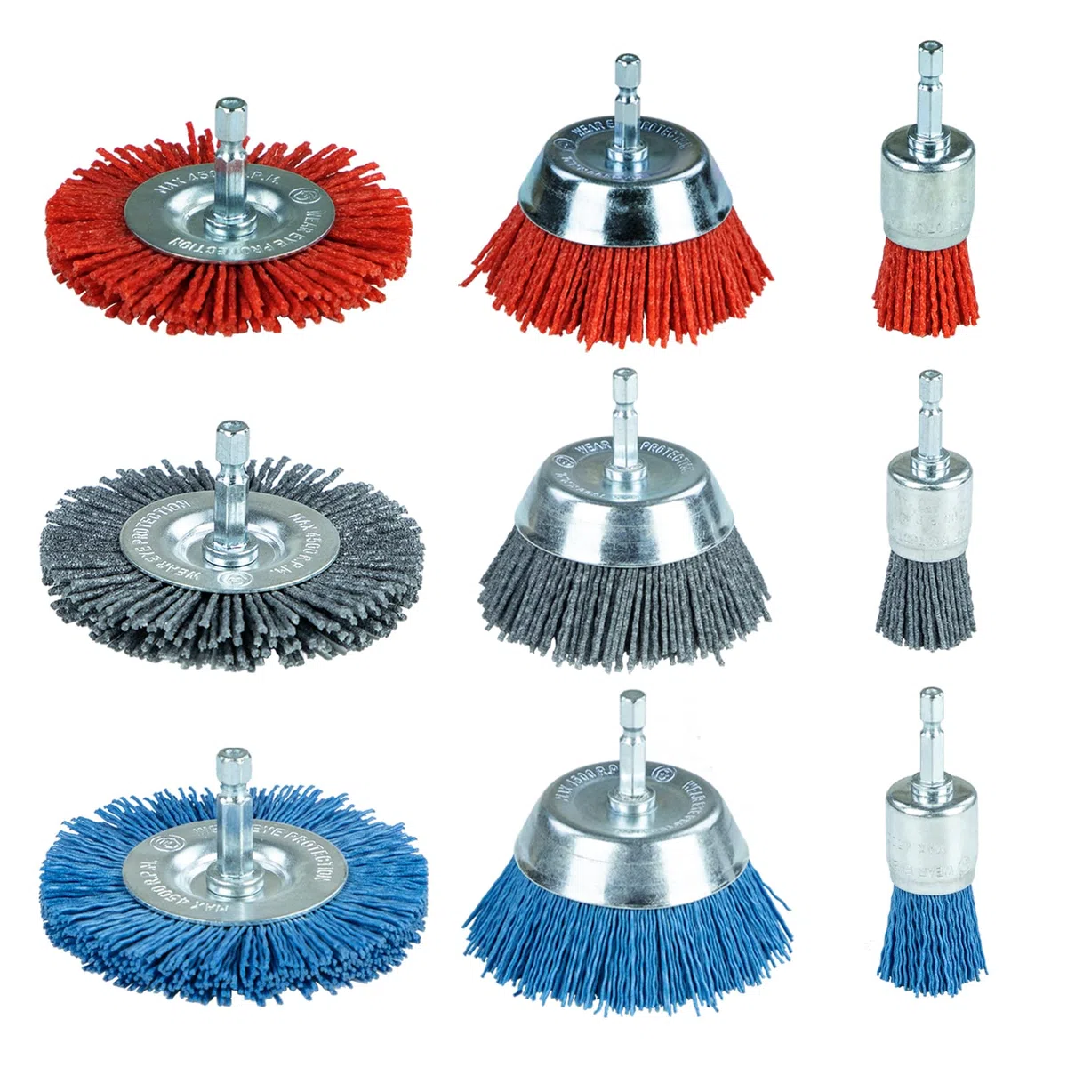 SALI 9-TLG set di spazzole a tazza in nylon, spazzole a filo con gambo esagonale da 1/4" (6,35 mm), 3 misure Set di spazzole in nylon per trapano per rimuovere ruggine e corrosione