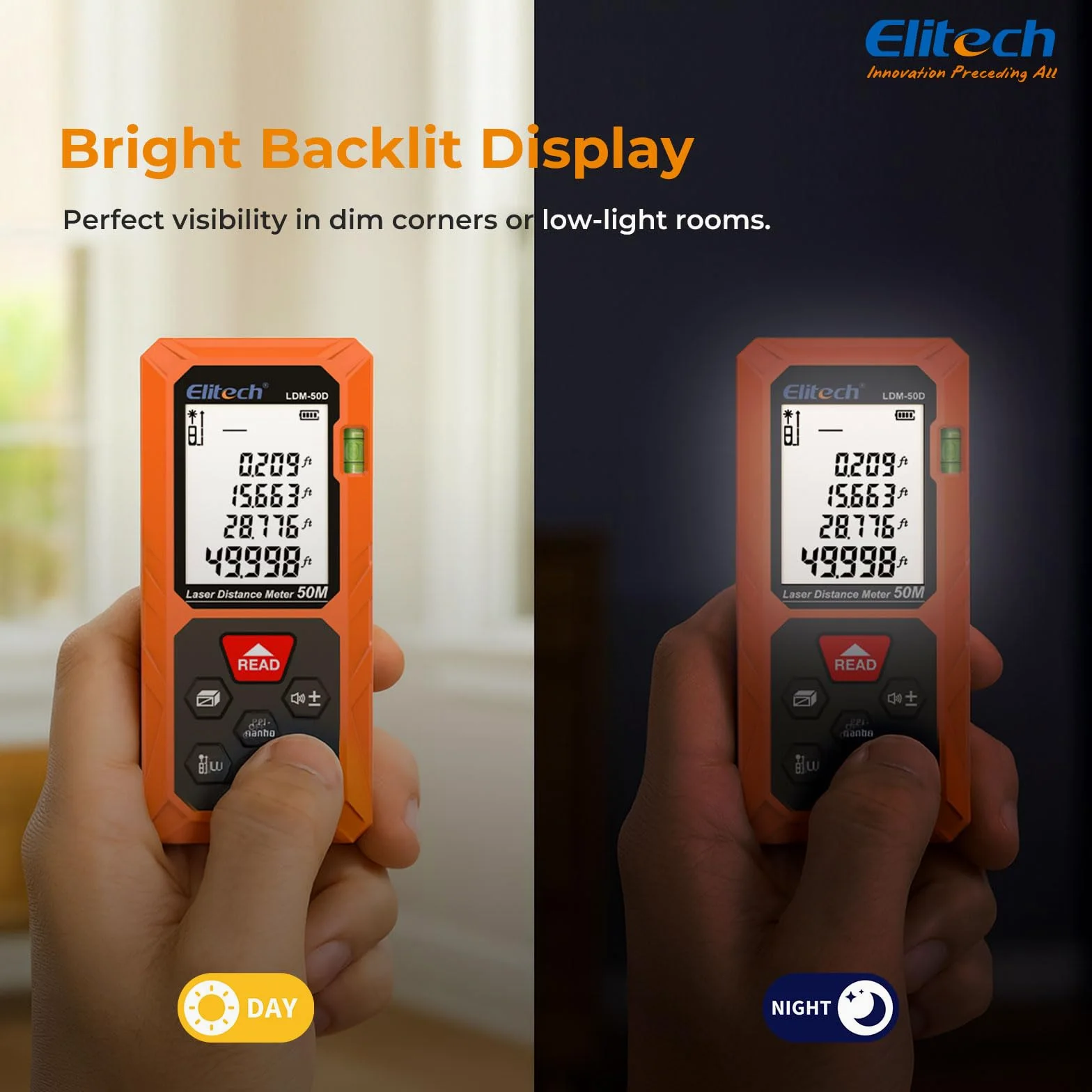 Elitech Distanziometro Laser 50m Precisione ±2mm Metro Laser Professionale con Modalità Area/Volume/Pitagora, LCD Retroilluminato, 99 Registrazioni, Unità Ft/In/M