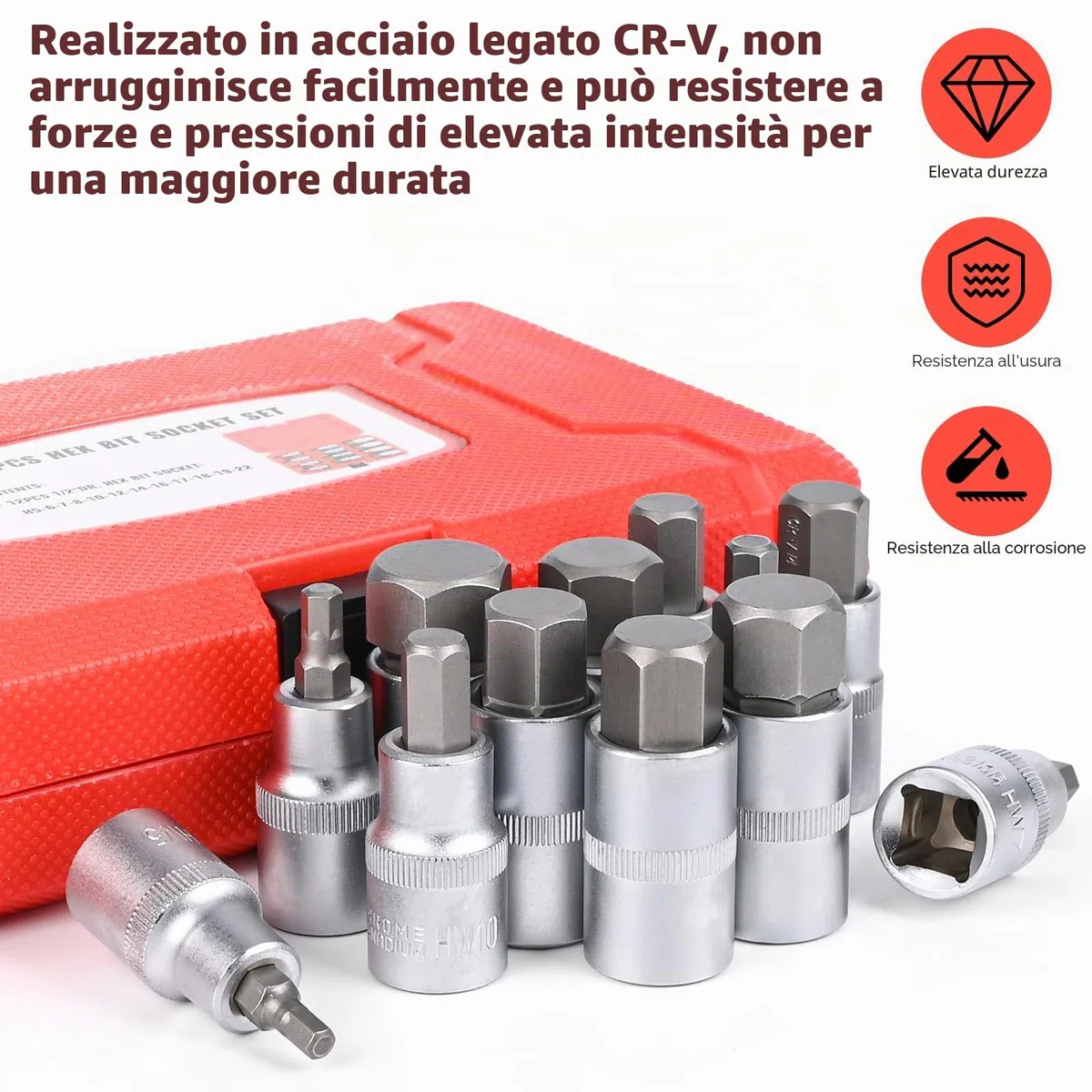 12 Pezzi Set di Bussole a Bussola Esagonali,Set di Bussole Esagonali 1/2,Bussole in Acciai per Utensili da 5-22 mm con Custodia Portatile,Anticorrosione per Uso Automobilistico e Industriale (Rosso)