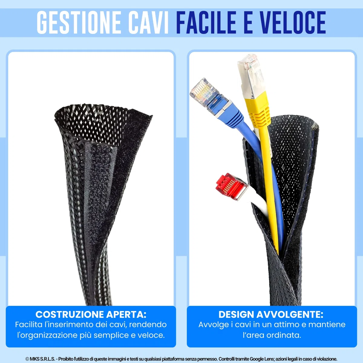 Guaina Intrecciata con Chiusura a Strappo Ø 13 mm, L 8mt • Ordine e Protezione dei Cavi • Perfetta per Scrivania e TV • Nero