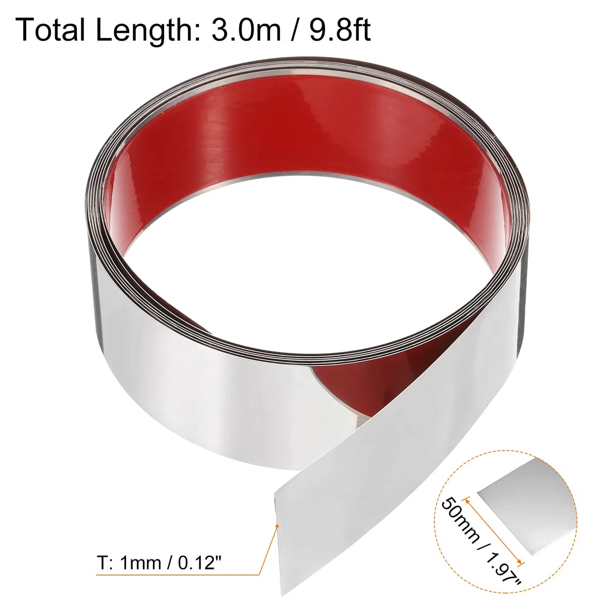 QUARKZMAN 3 m x 50mm Modanatura Autoadesiva, Modanatura Adesiva in Acciaio Inox Profilato Finitura a Specchio Modanature per Pareti Soffitti Pavimenti Mobili Bordo, Specchio Argento