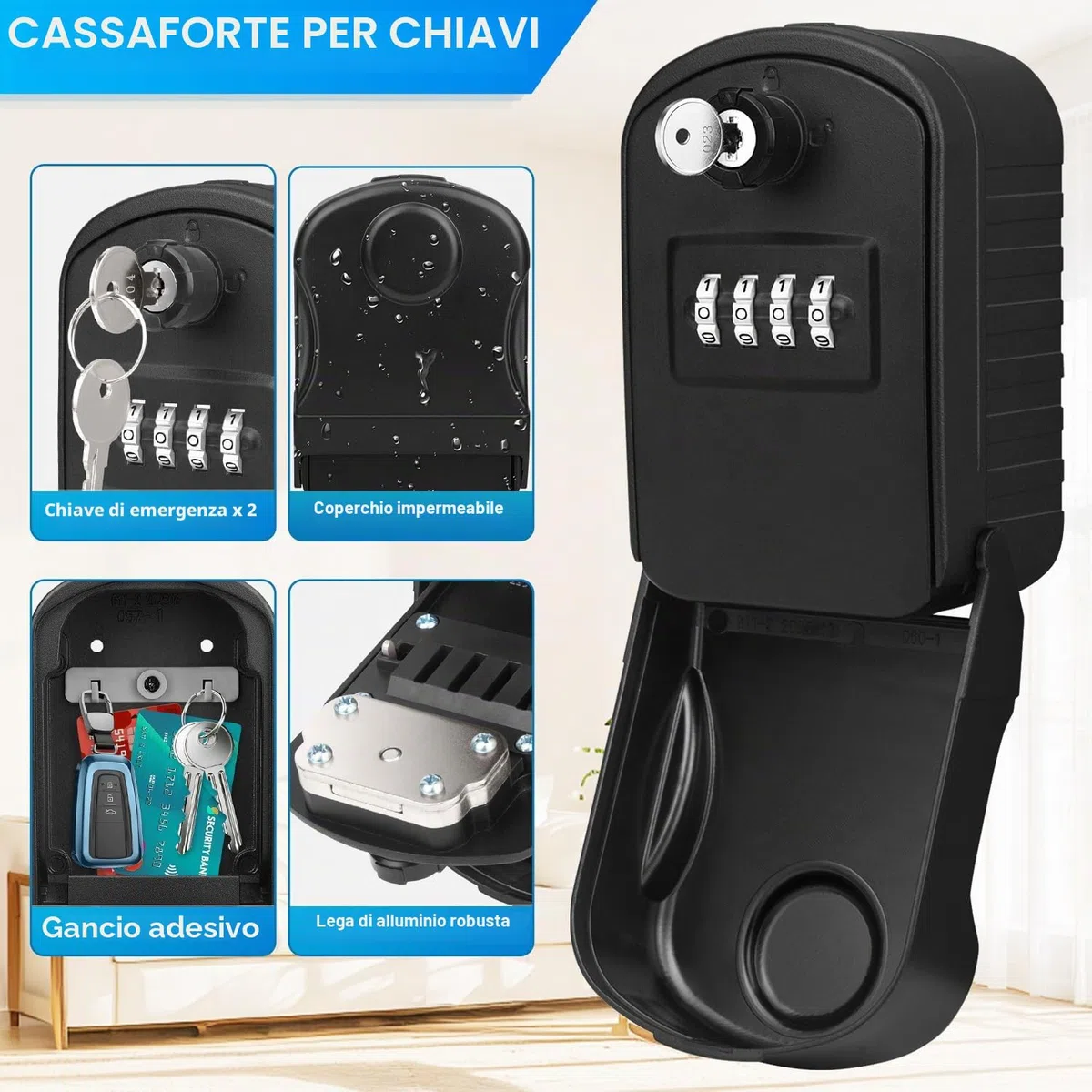 Cassetta di Sicurezza per Chiave Grande Esterno Cassaforte per Chiavi 4 Codice Impermeabile Cassetta Chiavi Combinazione con 2 Emergenza Chiaves Self Check In Key Box per Casa Scuola Fabbrica