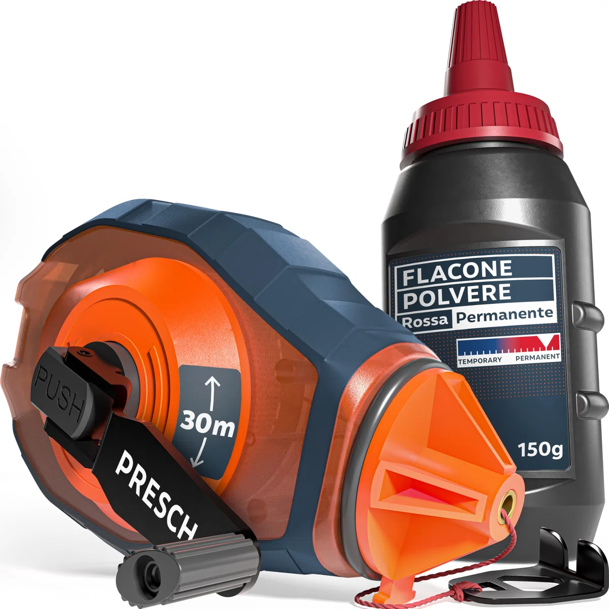 PRESCH Tracciatore a Filo da 30m con gesso rosso (150g) - Ritrazione rapida grazie al cambio 6:1 - Idrorepellente e resistente - Linea robusta per linee precise