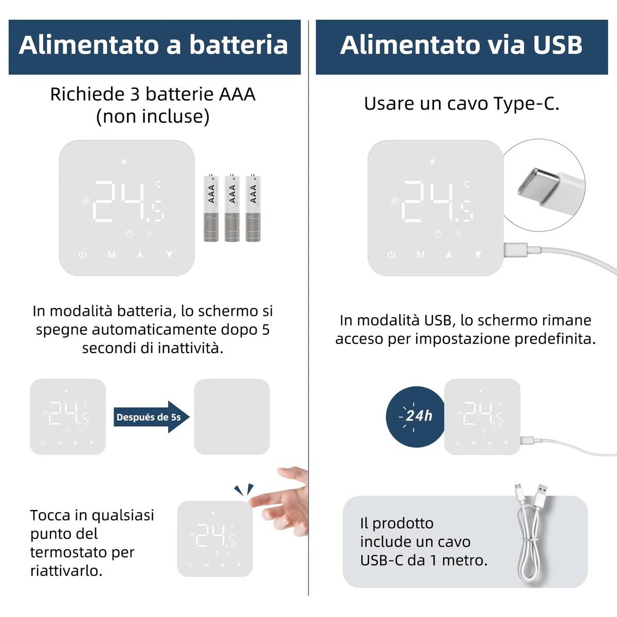 Termostato a batteria 2 fili per caldaie a gas，cronotermostato manuale ambiente a parete