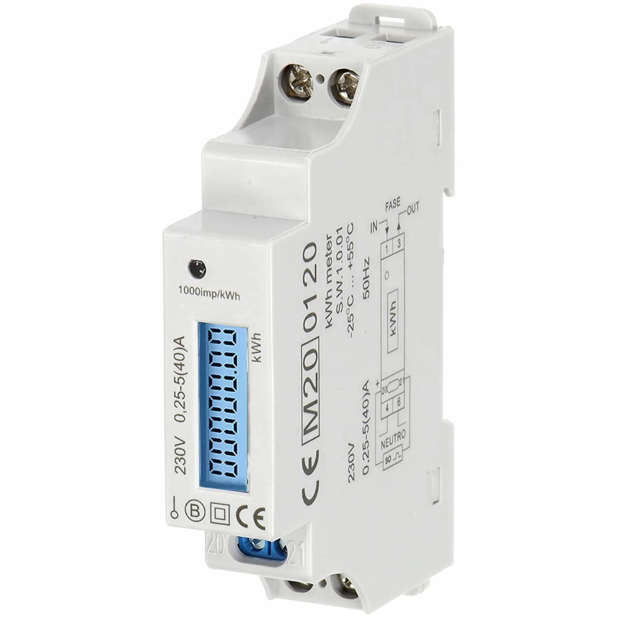 Contatore Energia Elettrica Monofase 1 Modulo 40A MID Illuminato DIN TH-35mm, Contatore a Defalco/Contatore di Sottrazione