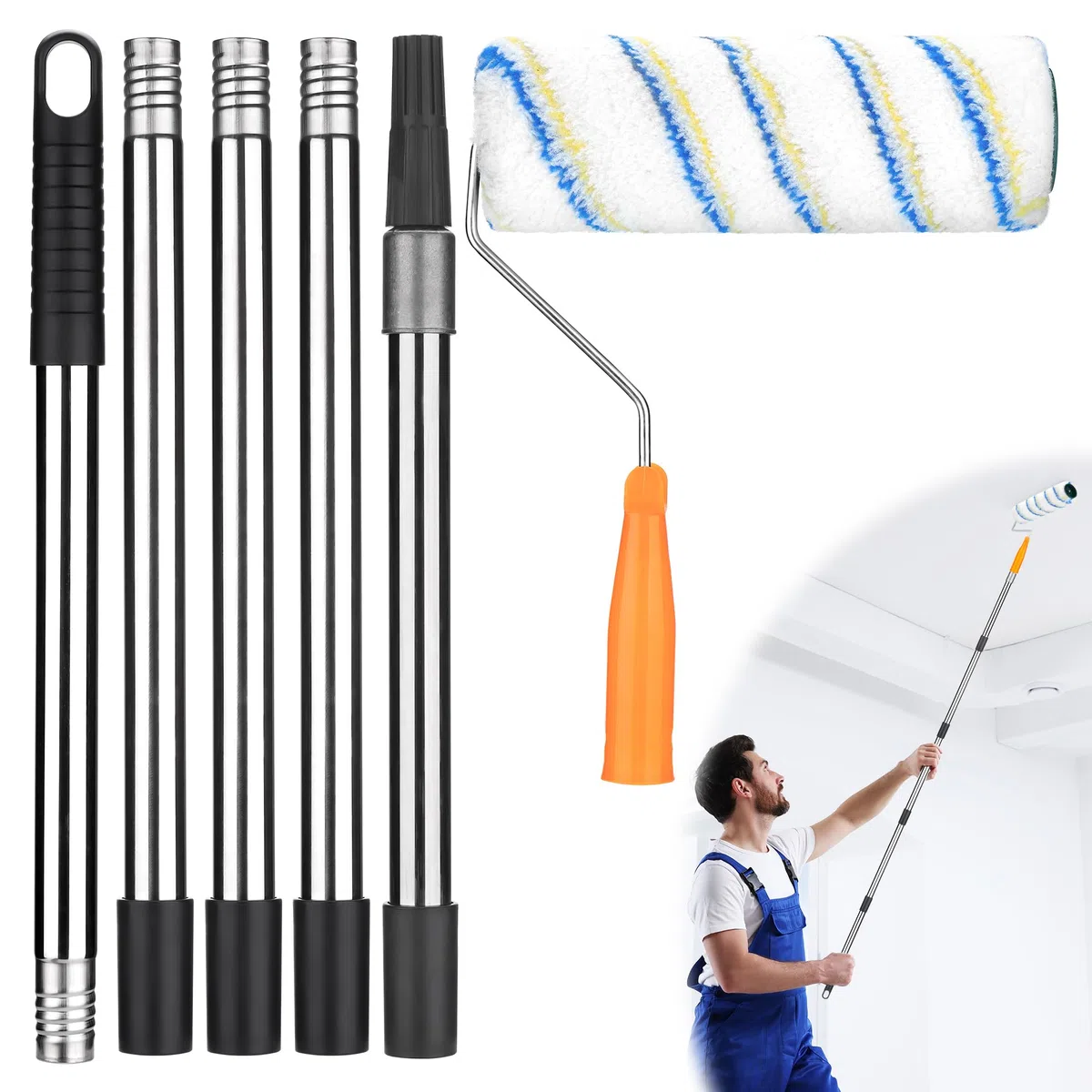 JIZZU Asta Telescopica per Rullo di Vernice, Rullo per Pittura, con 5 Asta Telescopica, Rullo Pittura 2m, Rulli per Pittura, per la Tinteggiatura e la Decorazione di Pareti e Soffitti delle Abitazioni