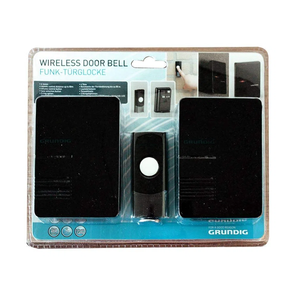 Grundig Campanello senza fili – Set campanello wireless, 1 trasmettitore, 2 ricevitori, 2 opzioni di suoneria, nero