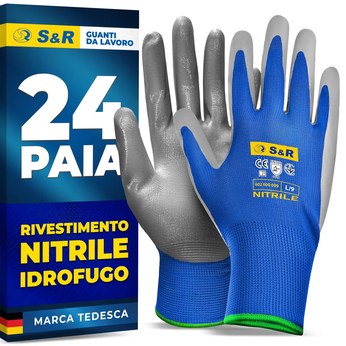 S&R 24 Paia Guanti da Lavoro Uomo in Nitrile resistente L/9. Guanti Montaggio Meccanico Giardinaggio Bricolage. Antiscivolo e antiabrasione.