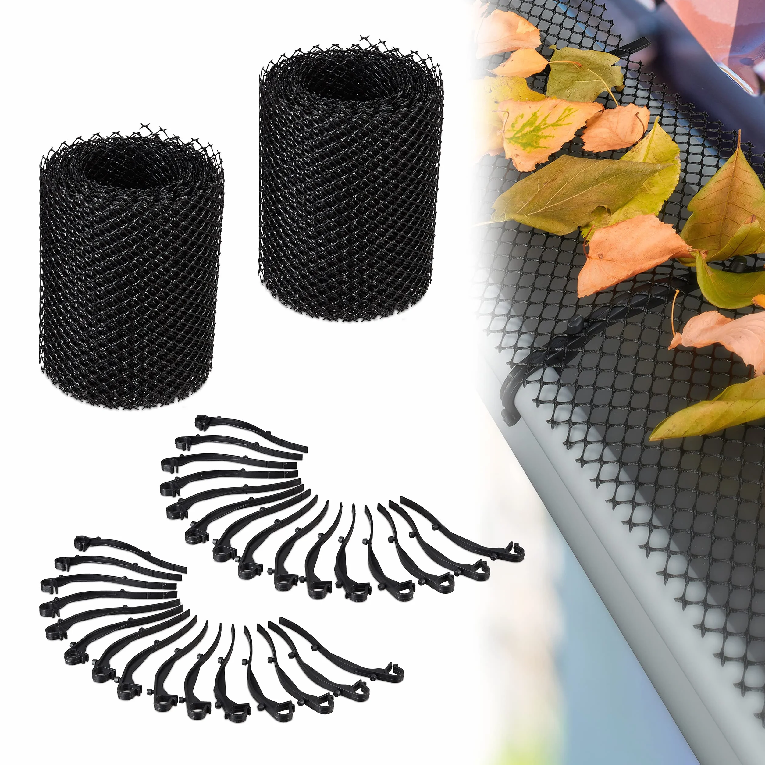 Relaxdays Rete per Grondaie, Set da 2, Protezione Cattura Foglie e Sporco, Ciascuna Lunga 6m, Larga 15cm, Plastica, Nero