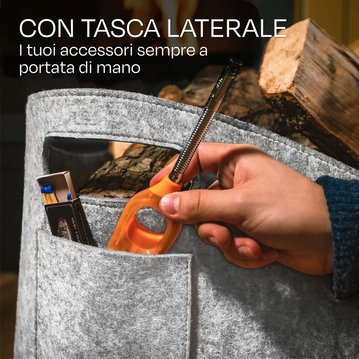 Praknu Borsa in Feltro per Legna Da Ardere - Grande - In Feltro Riciclato - Porta Legna per Interni - Cesta per Legna Robusta e Multiuso - Grigio