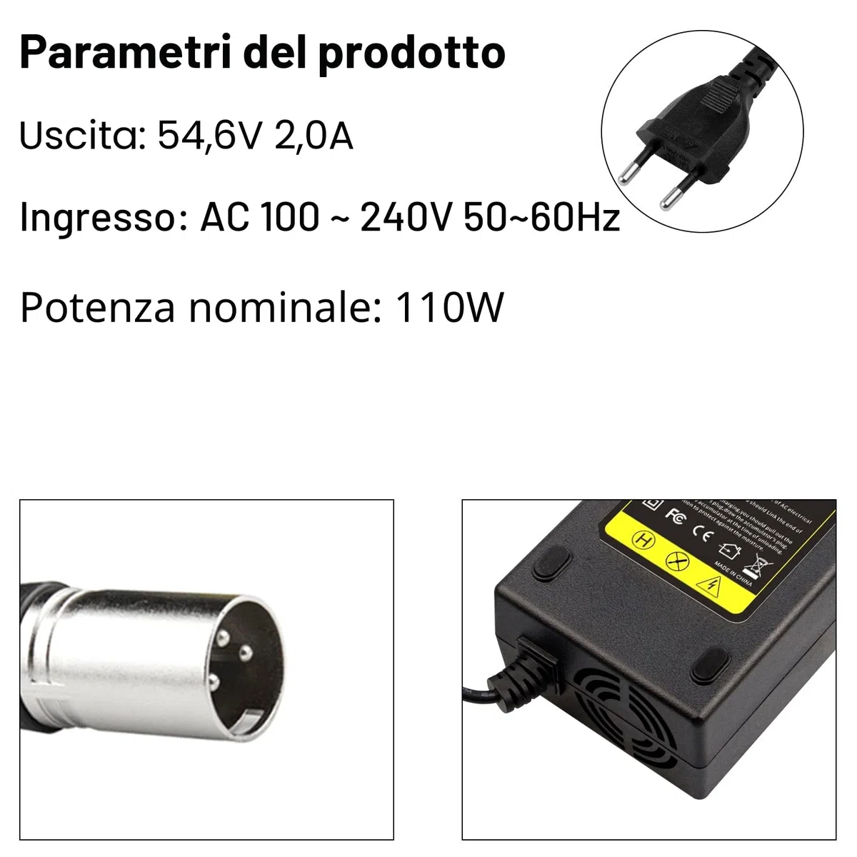 Labtec 54,6V 48V 2A Caricatore Monopattino lettrico, Caricabatteria al Litio 48V per Bici elettrica, Scooter Elettrico, Carrozzina elettrica, Scooter per la Mobilità