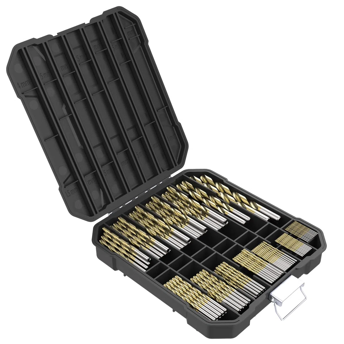 100 punte elicoidali TopsTools TT100TW 1 mm - 10 mm, dimensioni miste, rivestite in titanio HSS, scatola di immagazzinaggio per legno, plastica, rame, ottone, compatibile con Bosch e molti altri