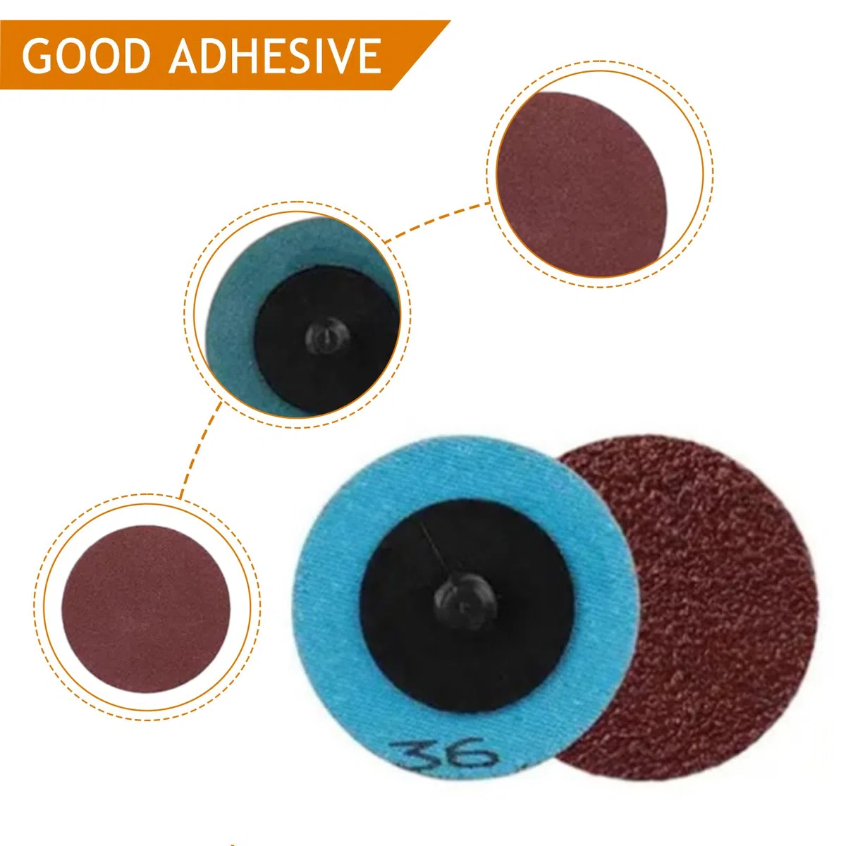 Set di 60 pezzi di carta vetrata in , dischi da 2 pollici (50 mm) rotondi, cambio rapido, grana 36/60/80/120/240 con 1/4 dischi, supporto per lucidatura, finitura, rimozione della ruggine, metallo