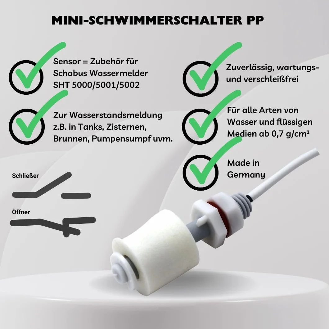 Schabus 200940 - Mini interruttore a galleggiante in plastica, cavo da 2,5 m, prodotto in Germania, apribile o contatto più vicino