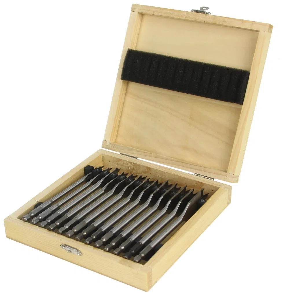 Set di Punte Piatte Mecchie per Legno | 13 Pezzi | Ø6-25 mm | Attacco Esagonale | per Trapano | con Valigetta
