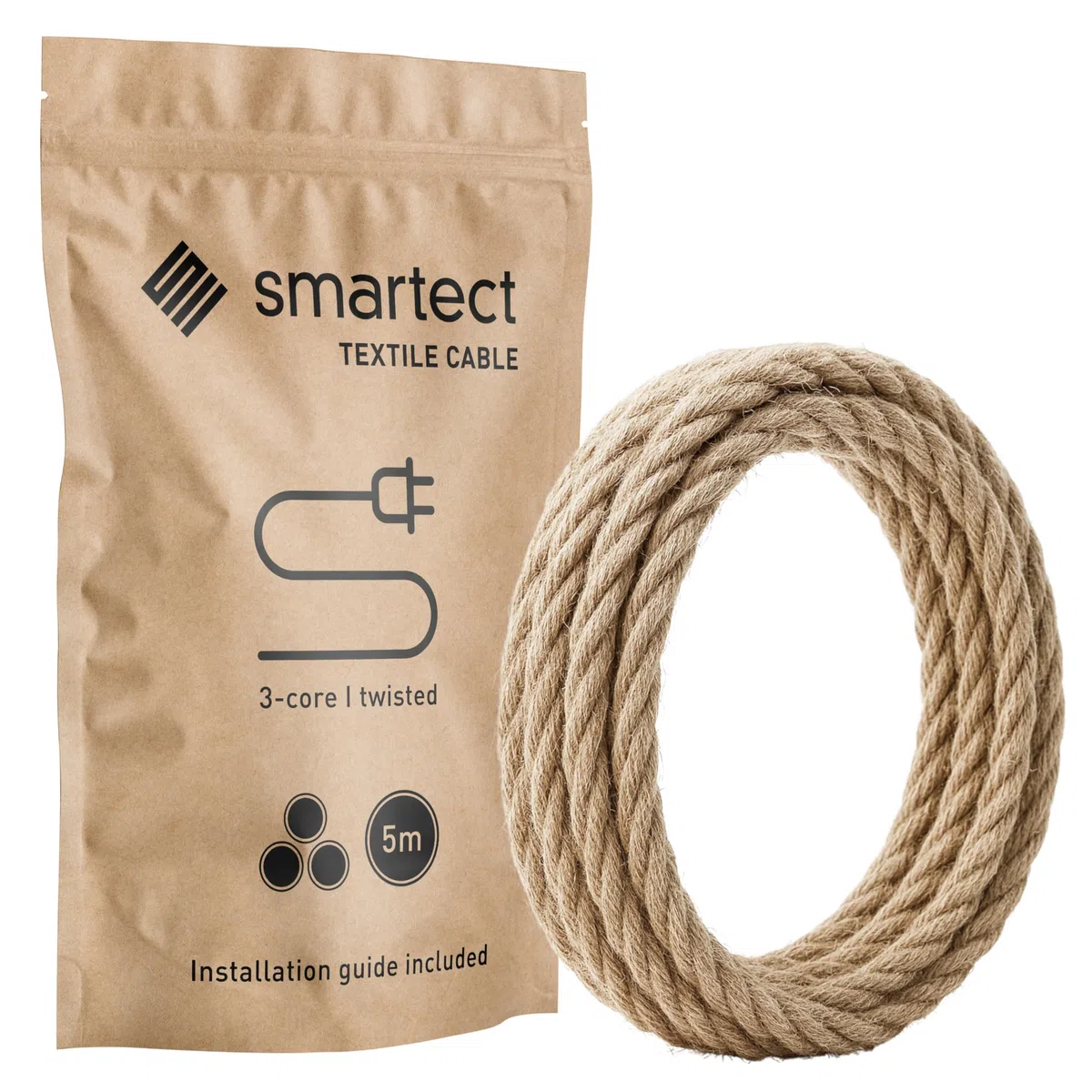 smartect Cavo Elettrico Tessile intrecciato Juta, 5 Metri Filo Elettrico Vintage, Tripolare (3 x 0.75mm²) Cavo Elettrico Rivestito in Tessuto per Fai da Te