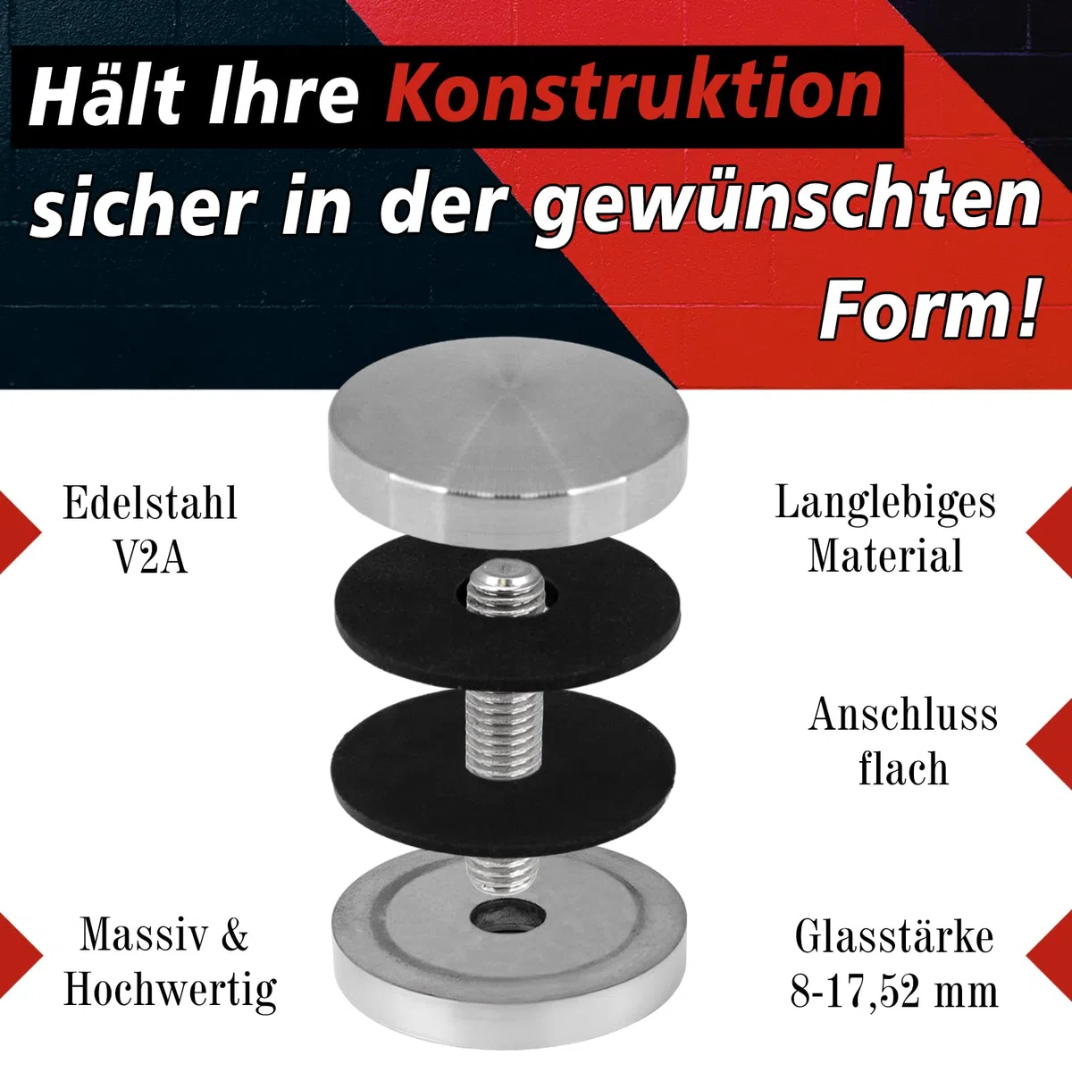 PRIOstahl Set di Supporti per Vetro 4 Pezzi in Acciaio Inox V2A - Supporto a Punti M10 per Vetro da 8-17,52mm - Supporto per Ringhiera da Balcone in Vetro Interno Esterno - Supporto a Punti per Vetro