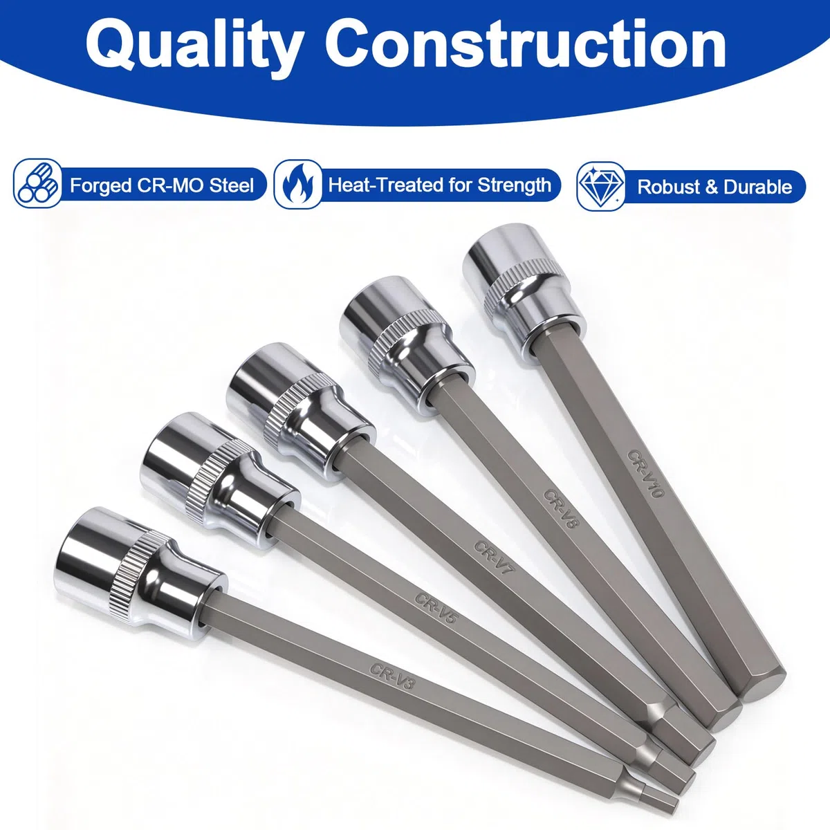 Set di chiavi a bussola lunghe 3/8", set di chiavi a bussola esagonali interne, set di chiavi a brugola H3 H4 H5 H6 H7 H8 H10| L 110 mm| Acciaio CV