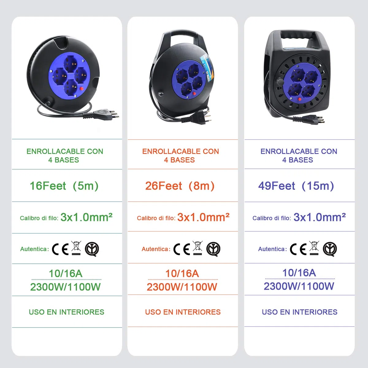 EXTRASTAR Prolunga Elettrica con Avvolgicavo 15 mt,4 Prese Polivalenti (Schuko + 10/16A),Spina 16A,Sezione Cavo 3G 1,0 mm²