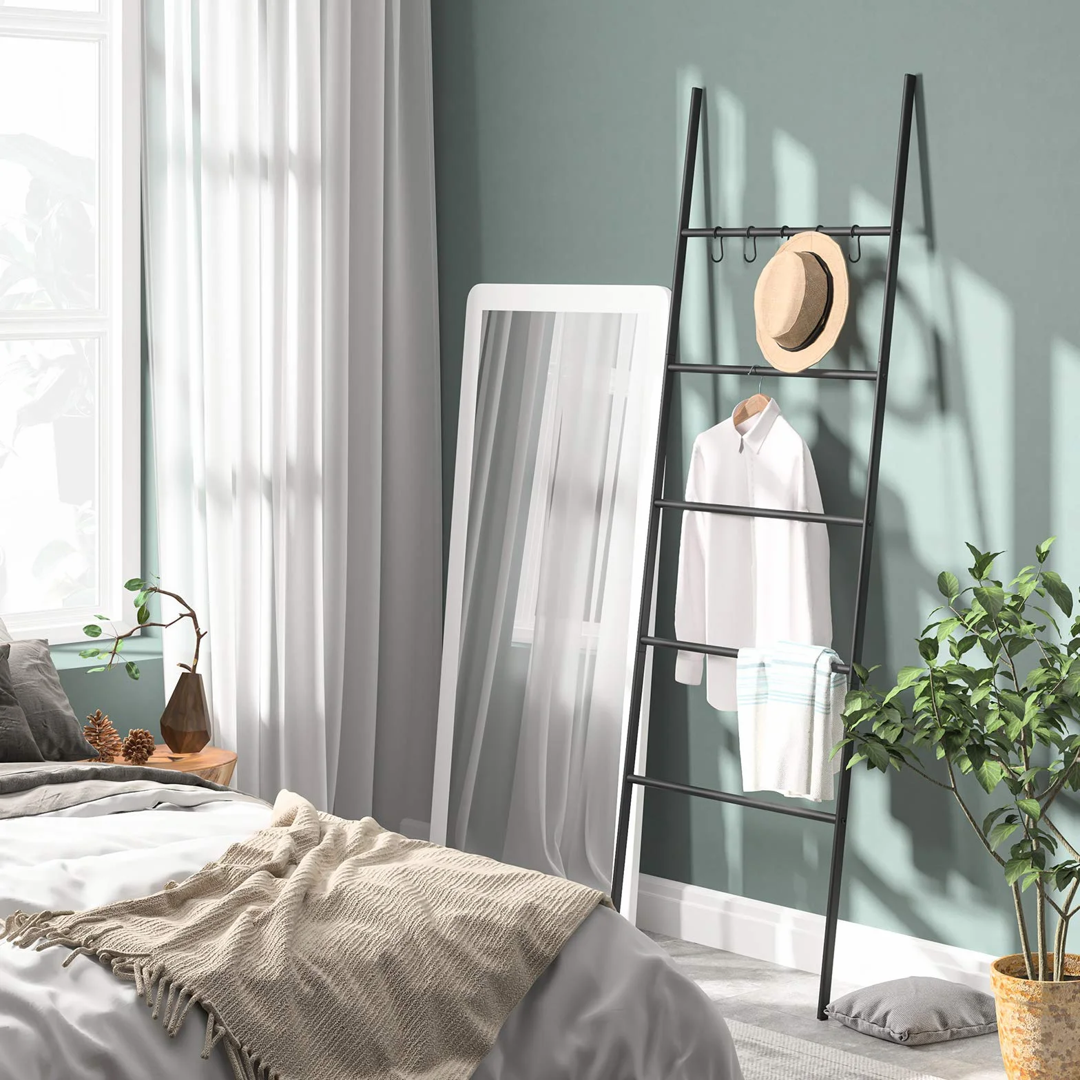 HOOBRO Scala Portasciugamani, Appendiabiti, Portasciugamano Bagno, Scala Decorativa, con 5 movibili Ganci, 58 x 177cm, Stabile, Metallo, Facile da Montare, Nero EBK62CJ01