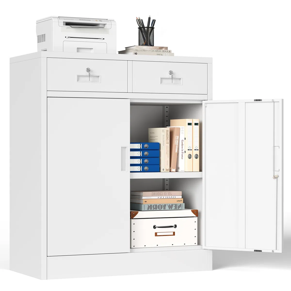 Armadietto multiuso, armadio da ufficio con 2 ante con serratura, armadietto in acciaio, 2 cassetti e 1 ripiano regolabile per ufficio, garage (bianco, 90 x 80 x 40)