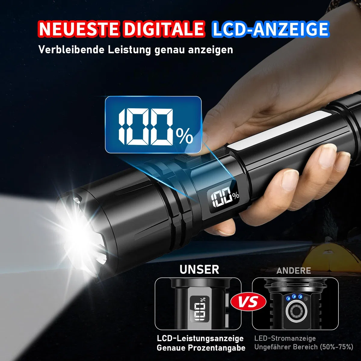 Shadowhawk Torcia a LED ricaricabile, con display LCD e luce laterale COB, 7 modalità XHM90.2, 100000 lumen, torcia LED estremamente luminosa, portatile, torcia tattica, forte luce flashlight per