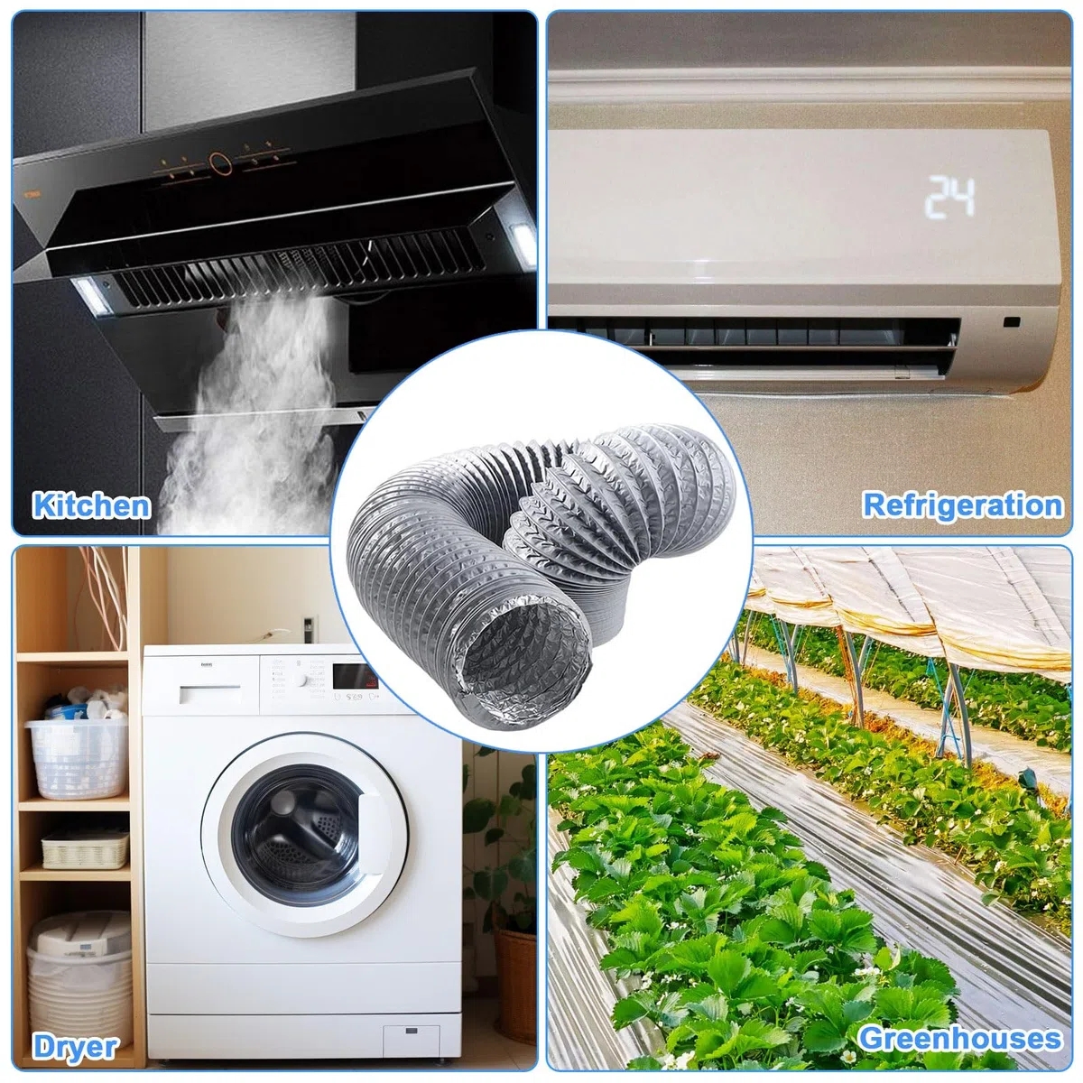 100mm Grigio Tubo di Scarico 3 m Condotti Tubo di Ventilazione Flessibile in Alluminio PVC con 2 Fascette Stringitubo in Acciaio per Aria Condizionata, Asciugatrice, Cappa Aspirante