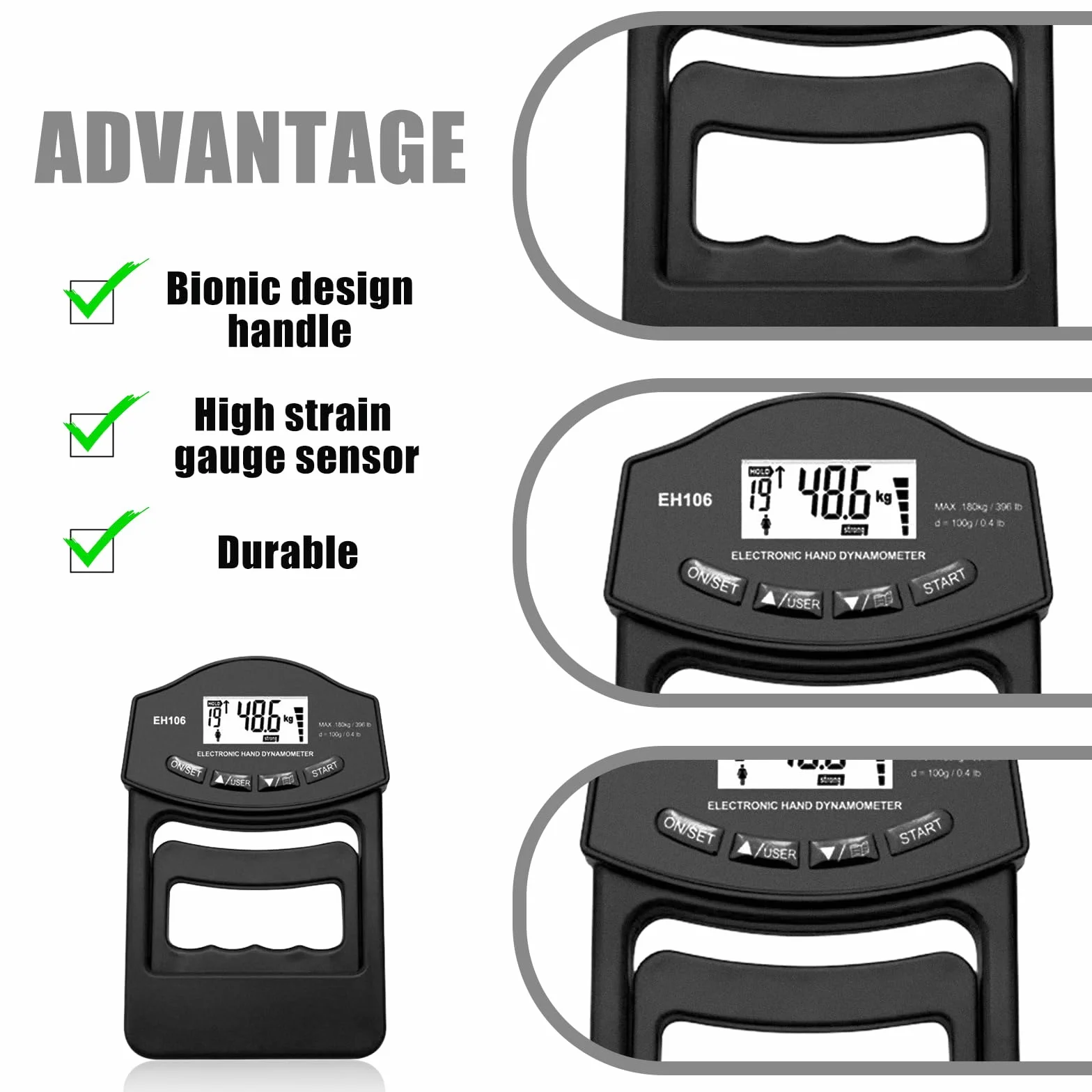 Misuratore di forza manuale digitale, 396lb/180 kg, misuratore di forza manuale, con presa sensibile, tester di forza elettronica, grande schermo LED con cavo di ricarica USB (nero)