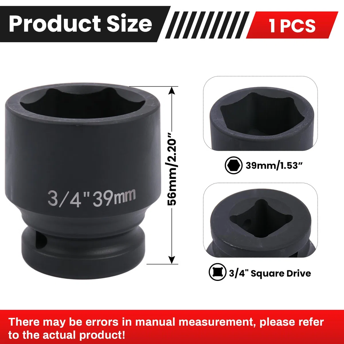 Chiave a bussola esagonale, 39 mm, avvitatore a percussione da 3/4", in acciaio al cromo molibdeno, per cambio ruota e officina