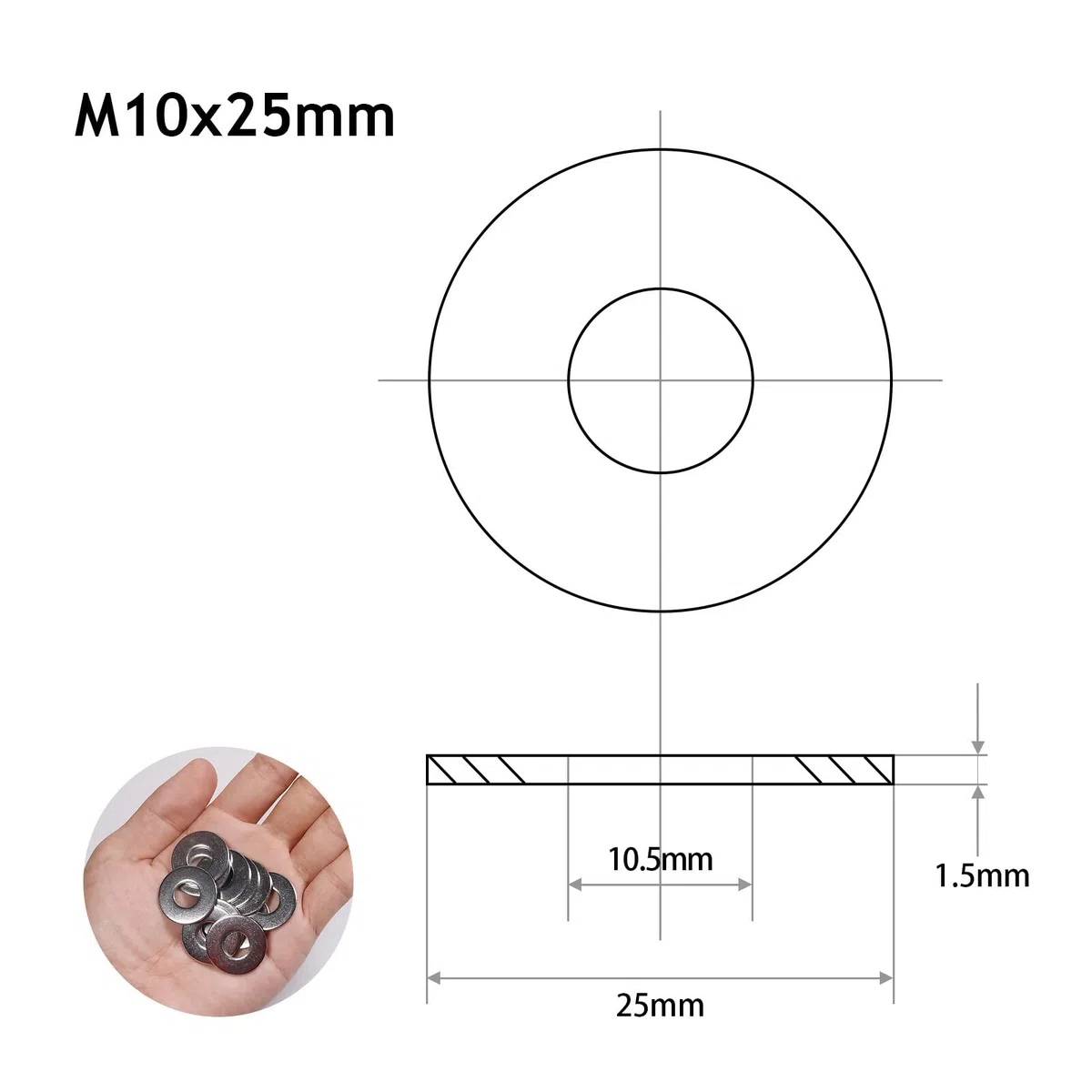 Rondelle Acciaio Inox M10 x 25mm, 50 Pezzi Metaliche Piatte Rondella Piana 304, Rondelle grandi Alzaporta Rondelle O Ring, DIN 9021 / ISO 7093, Rondelles Carrozzeria A2 V2A in Piatta Acciaio