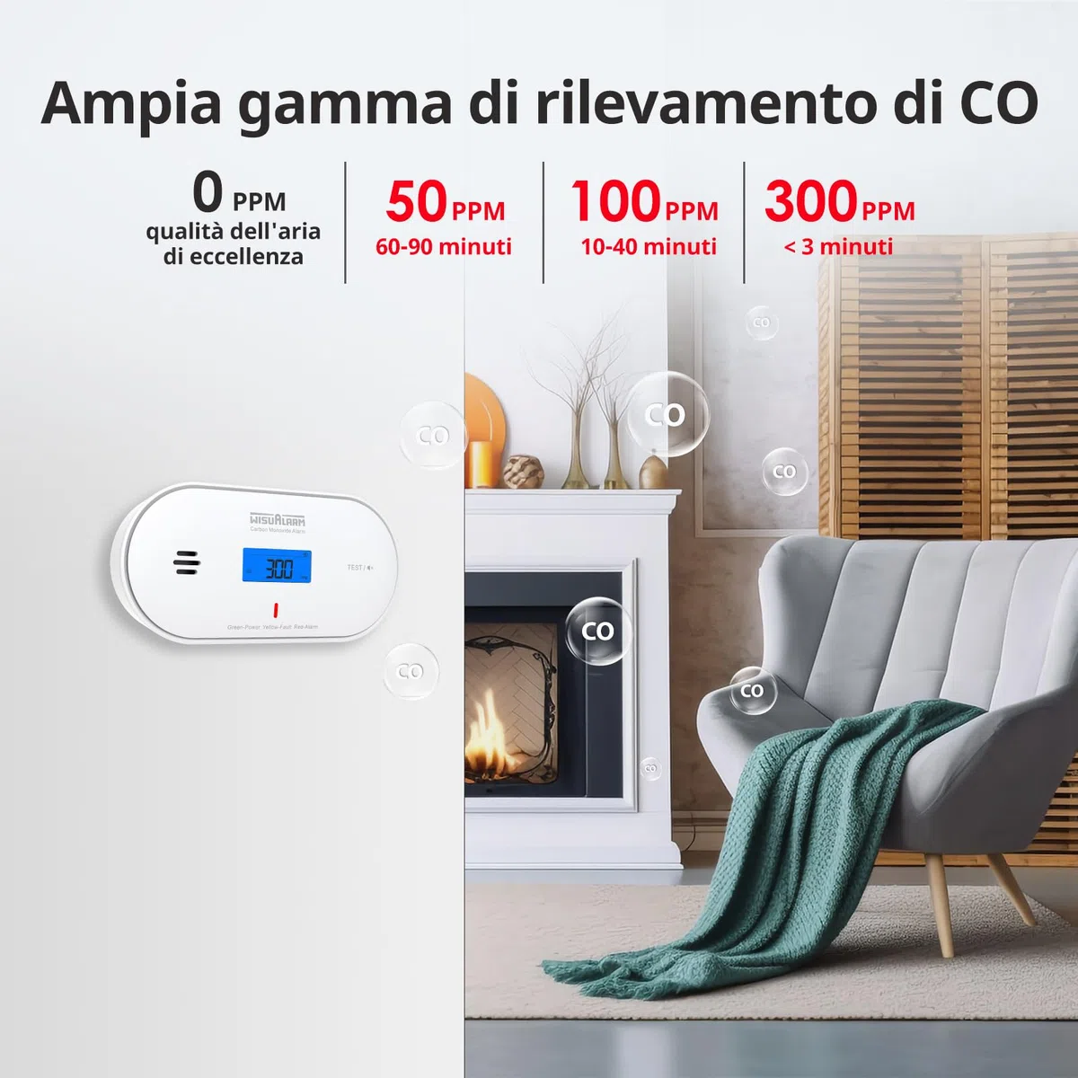 Rilevatore di monossido di carbonio, batteria sigillata da 10 anni, allarme monossido di carbonio, con rilevamento di temperatura e umidità e display LCD, allarme monossido di carbonio per la casa