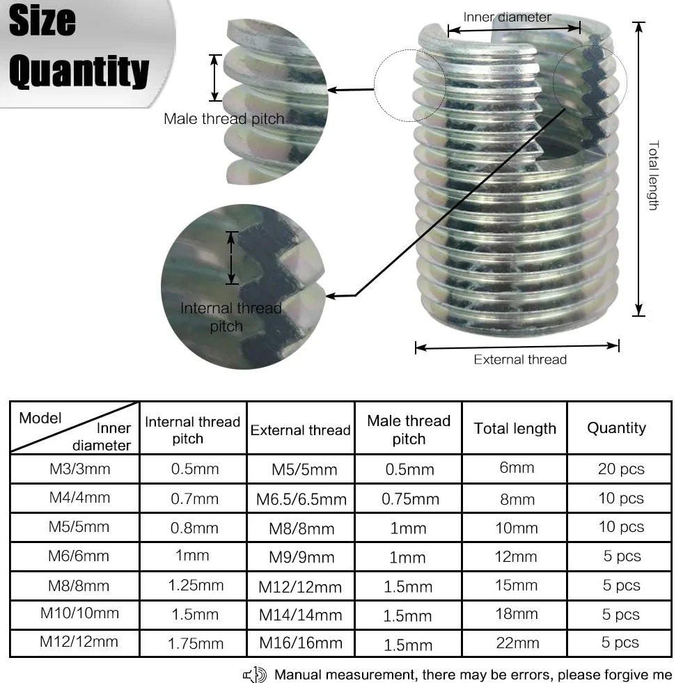 60 Pezzi Inserti Filettati M3 M4 M5 M6 M8 M10 M12,Set Inserto Filettato Autofilettante in Acciaio al Carbonio,Filettatura Rinforza Strumento di Riparazione