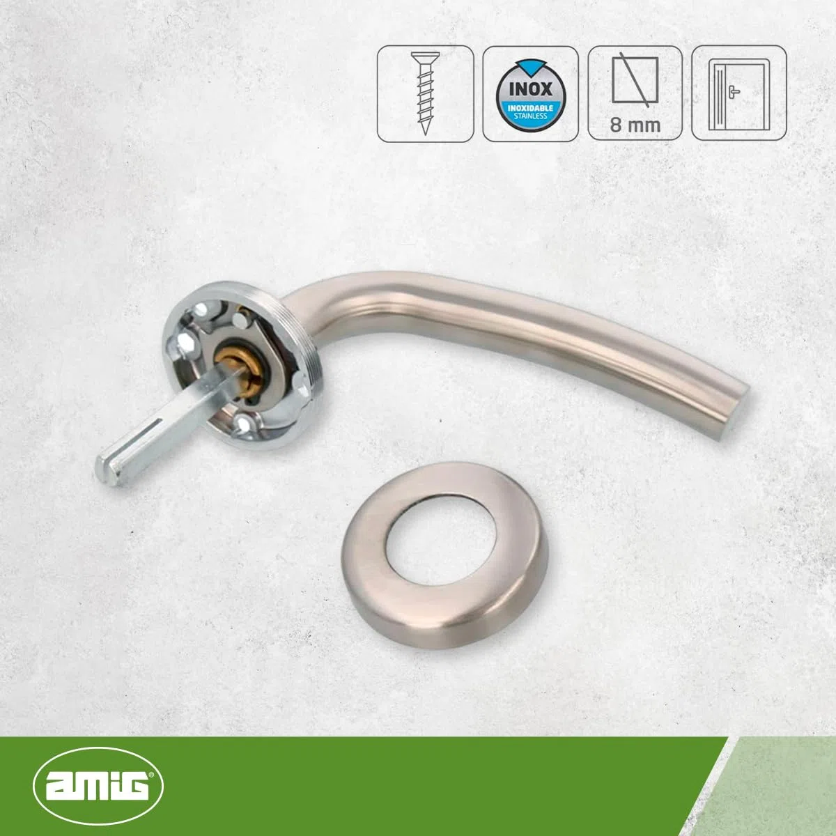 Amig - Maniglia con Rosetta 19ED con Interno in Ottone - Acciaio Inossidabile - Misura: 53mm - Quadrettino di 8 mm - Opaco