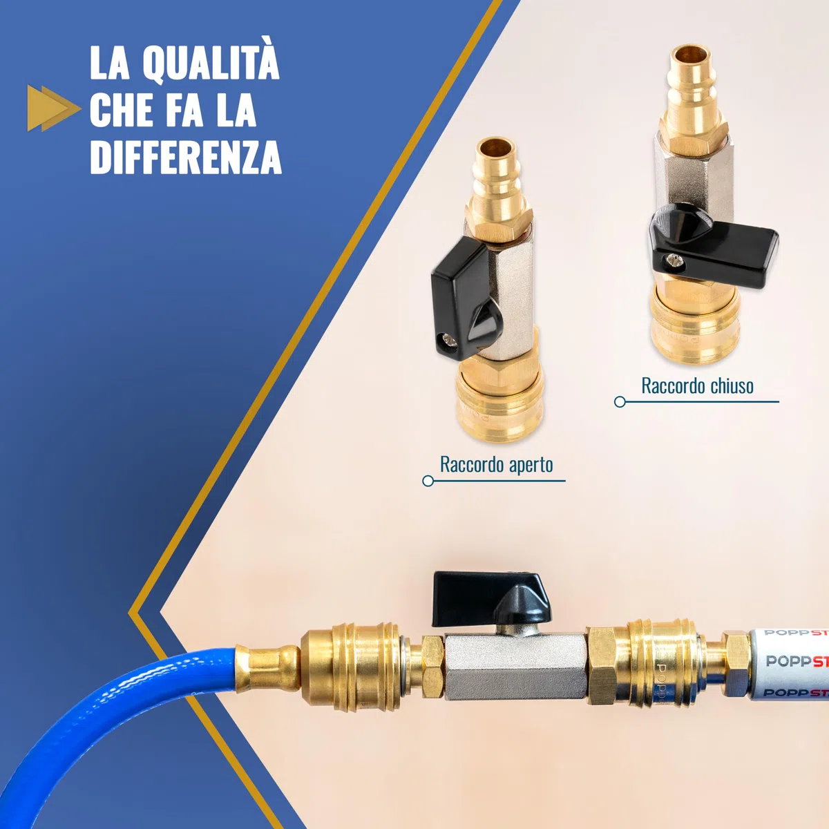 Poppstar Valvola di intercettazione ad aria compressa da 3/8 di pollice (rubinetto a sfera) con attacco rapido Euro NW 7.2 e beccuccio, fino a 15 bar, in ottone