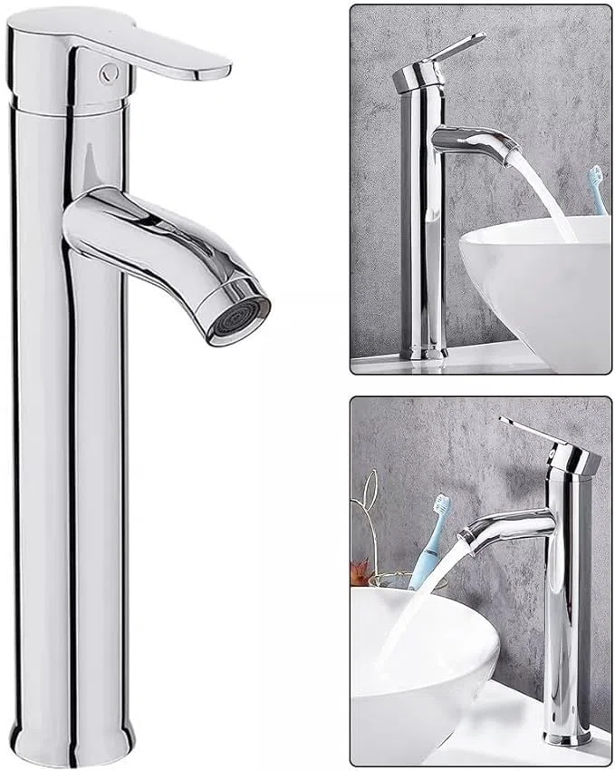 SQUADO Rubinetto Miscelatore Lavabo Alto 30 cm – Ottone Cromato Cromo Lucido – Rubinetto Bagno a Gambo Lungo per Lavabo da Appoggio, Design Moderno