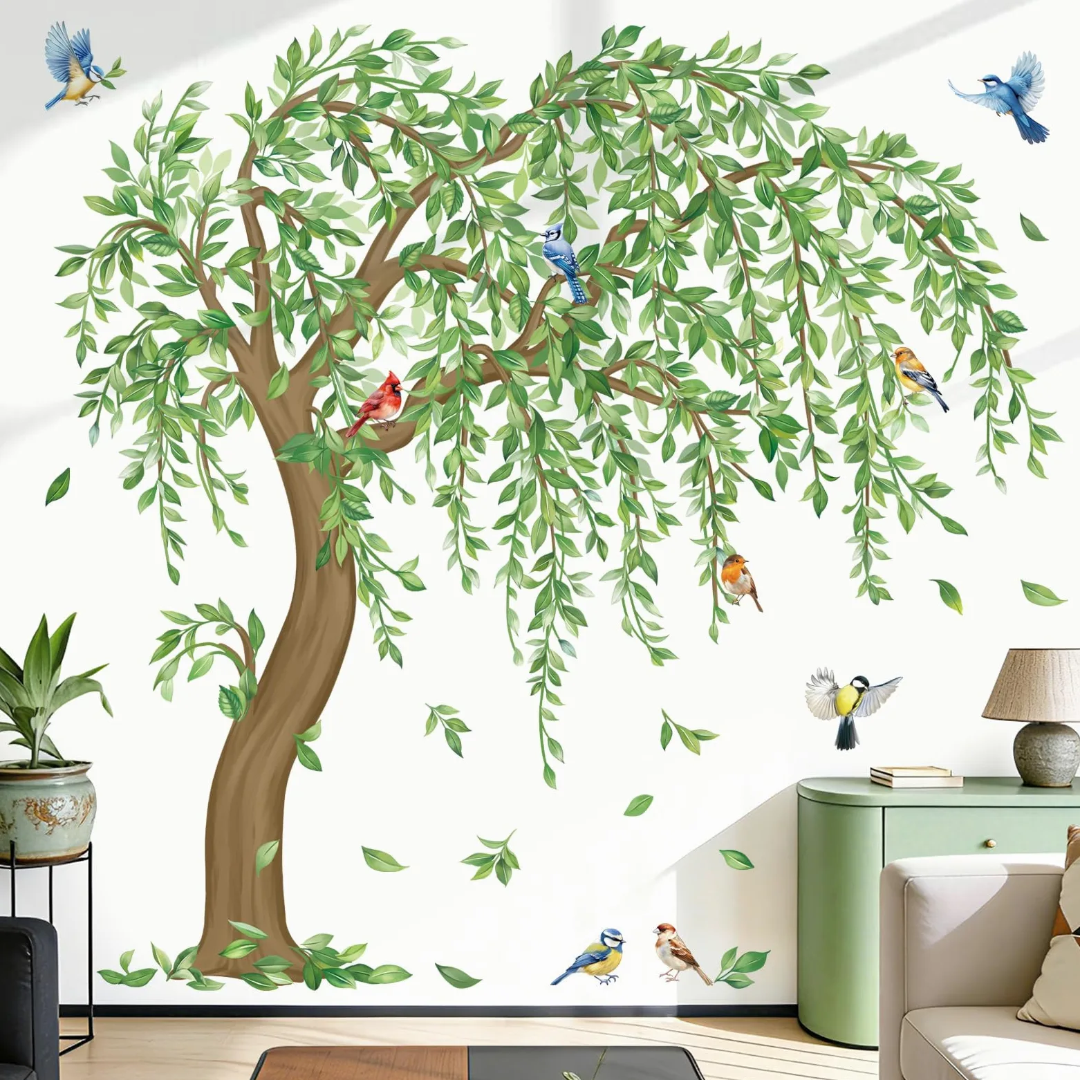 decalmile Adesivi Murali Albero Verde Grande Adesivi da Parete Foglie Verdi Piante Uccelli sul Ramo Decorazione Murale Camera da Letto Soggiorno Ufficio Divano