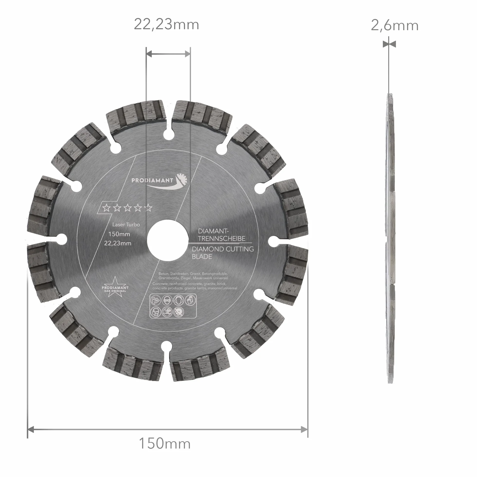 PRODIAMANT Disco da taglio diamantato Premium per calcestruzzo 150 mm x 22,2 mm disco da taglio diamantato saldato al laser
