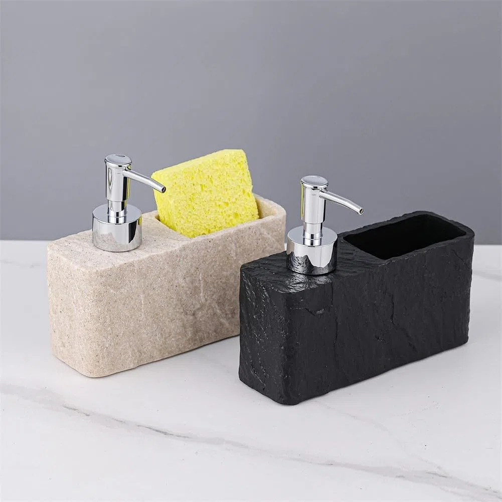 Dispenser di sapone per lavello da cucina e bagno, con supporto per spugna integrato, struttura in resina per una maggiore durata, accessorio per la pulizia salvaspazio (beige)