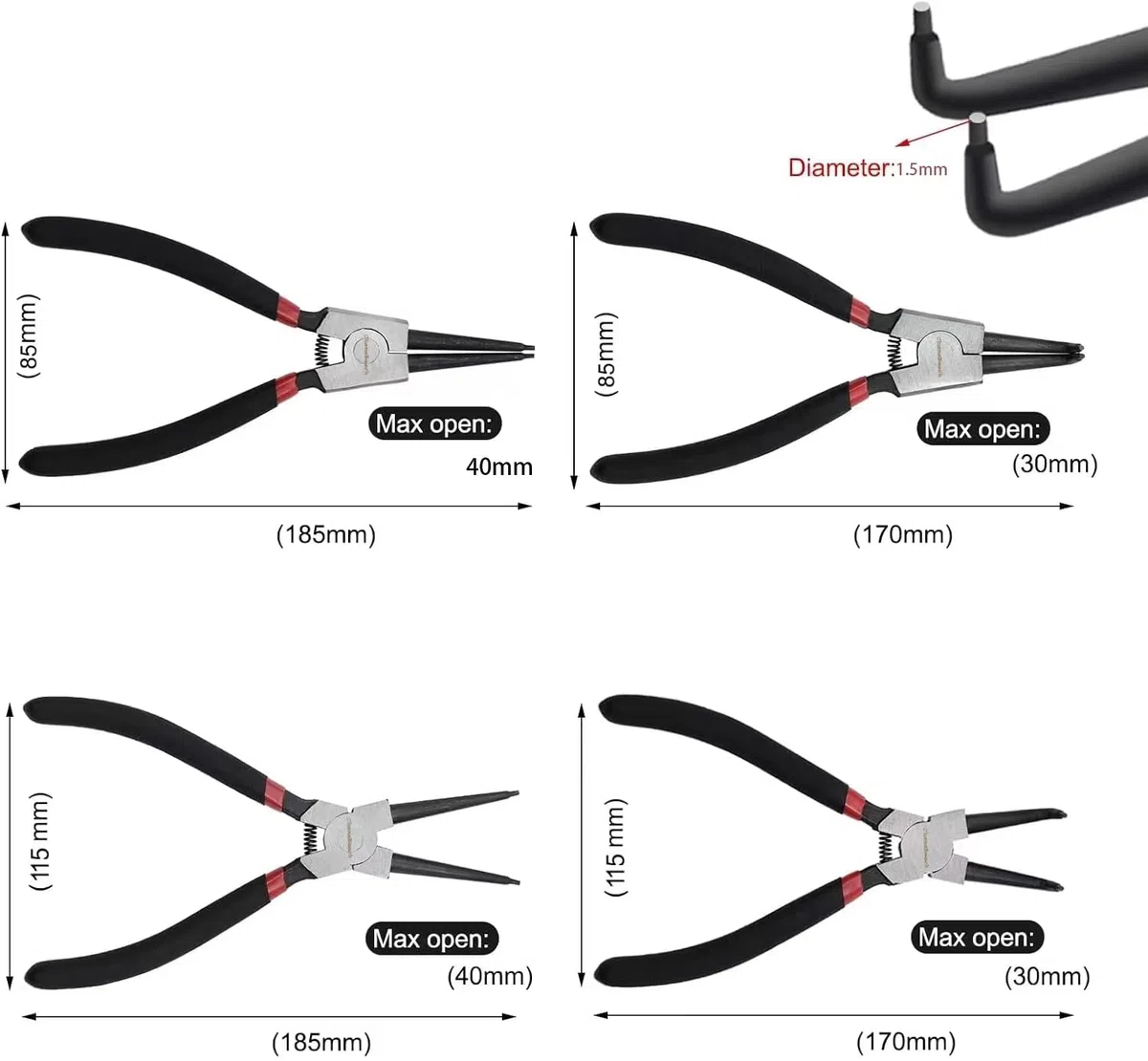 OhanaBeach pinza per 4 Pezzi Pinze Per Anelli Di Sicurezza, pinza interne ed esterne diritte da 170 mm, Snap Ring PliersSeeger, Maniglie Antiscivolo,acciaio al carbonio, con Borsa Portatile