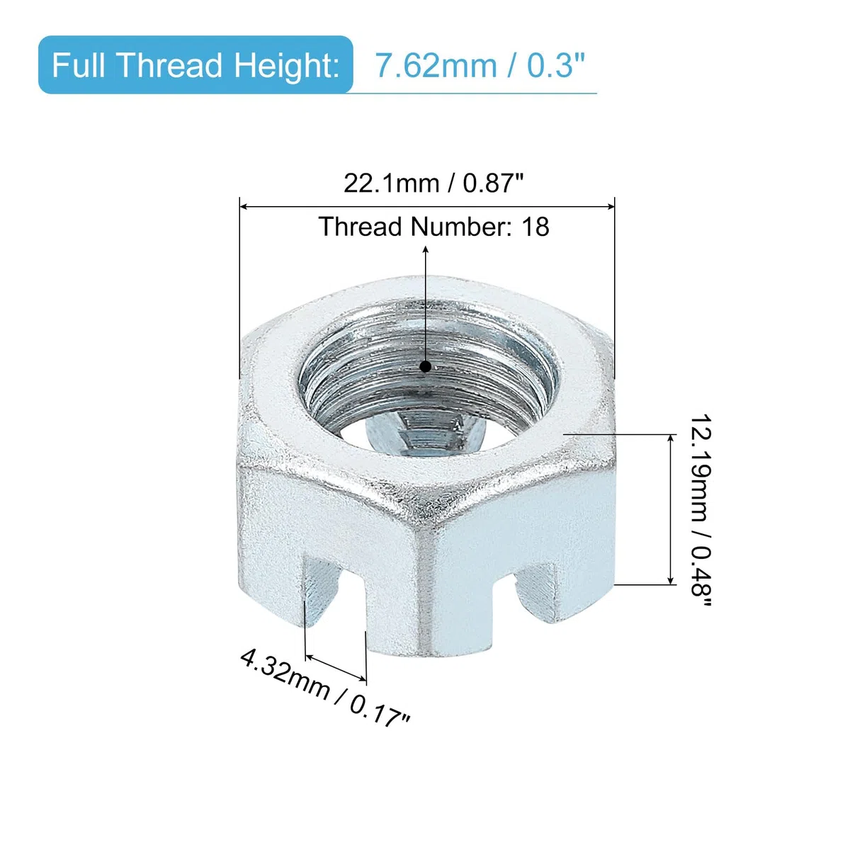 QUARKZMAN 9/16-18 Dado Esagonale Scanalato UNF, Grado 6.8 Dadi Esagonali in Acciaio al Carbonio Zincato Adatti per Riparazioni Meccaniche, Argento, 8pz