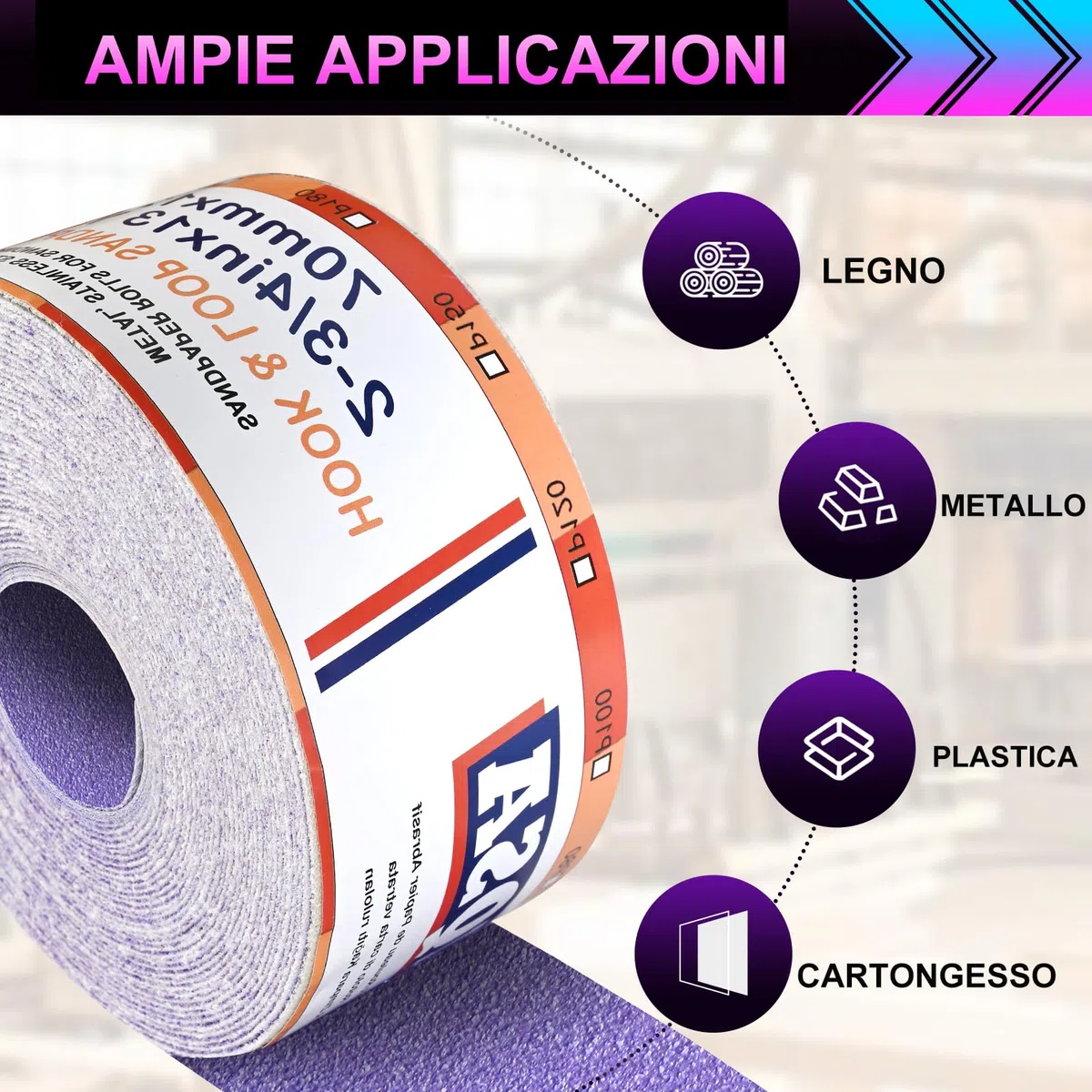 Grana 120 Rotolo Di Carta Vetrata, 70mm X 12 M Rotoli Di Carta Vetrata Ceramica Per Automotive, Levigatura Del Legno, Finitura Di Metalli, Plastica(Viola)