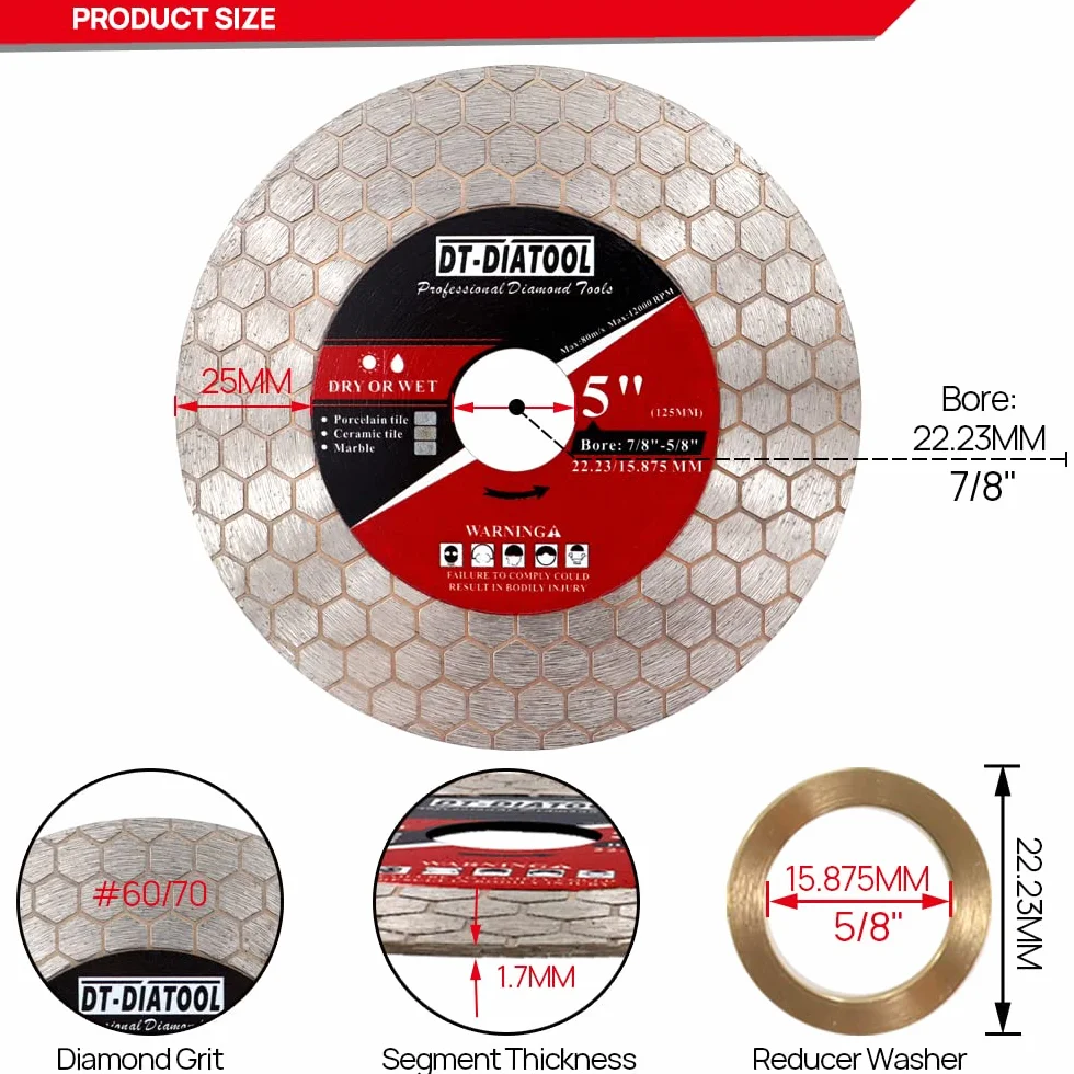 DT-DIATOOL Disco Diamantato 125mm per Piastrelle Gres Porcellanato Marmo Granito Taglio e Rettifica dei Bordi