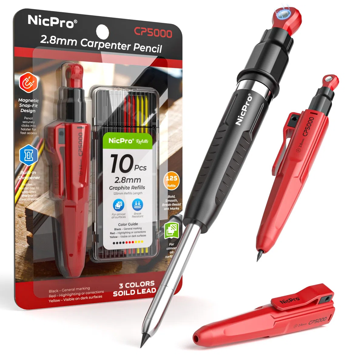 Nicpro CP5000 matite carpentiere magnetiche, portamine 2,8 mm+ 10 ricariche, matite per marcatura di fori profondi, matita per lavorazione del legno con strumento di presa magnetico