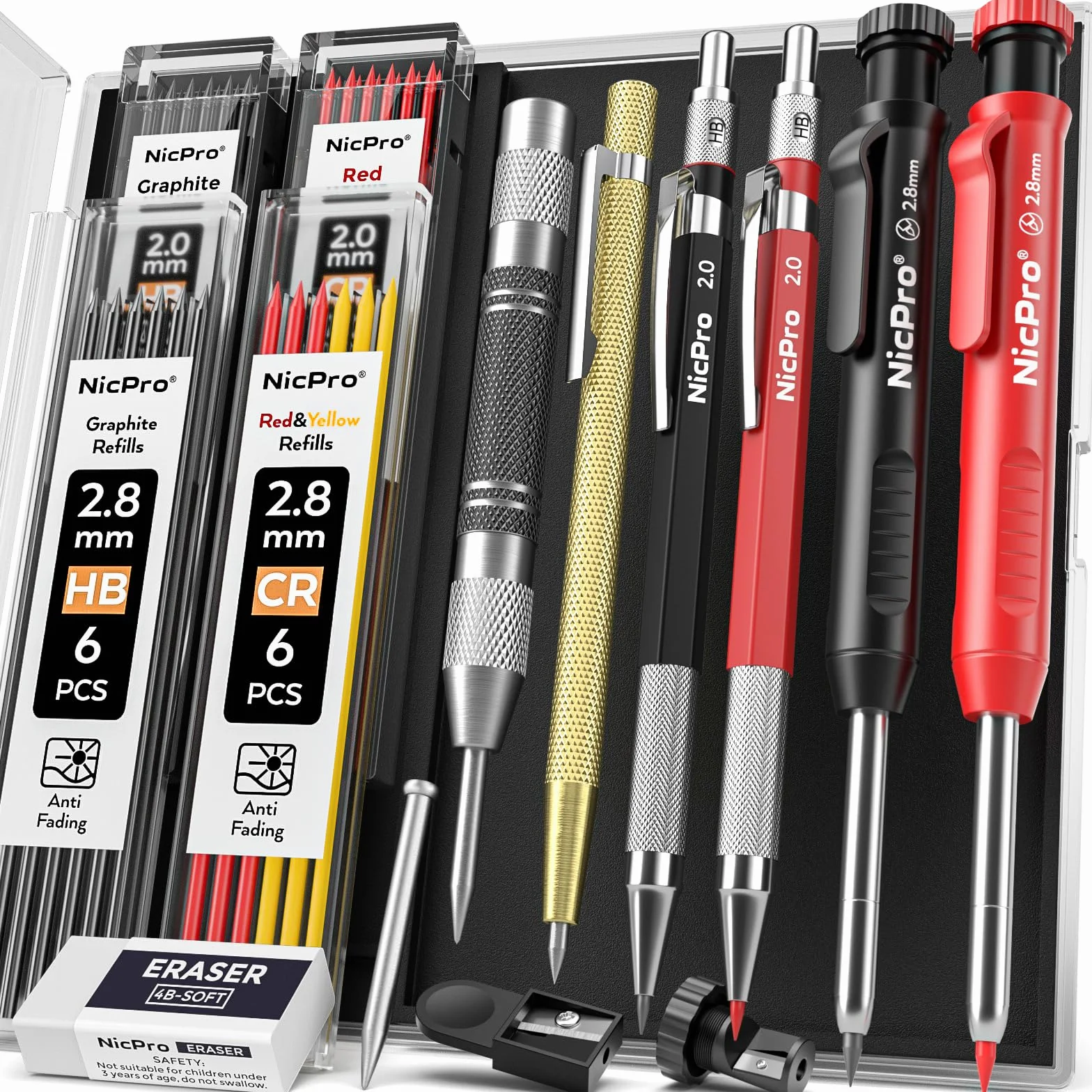 Nicpro 15 Pezzi Matita da Carpentiere con Temperamatite, Matite per Falegname con 40 Ricariche, Strumento Automatico Centro Punch e Strumento Scriba in Carburo, Matite per Lavorazione Legno