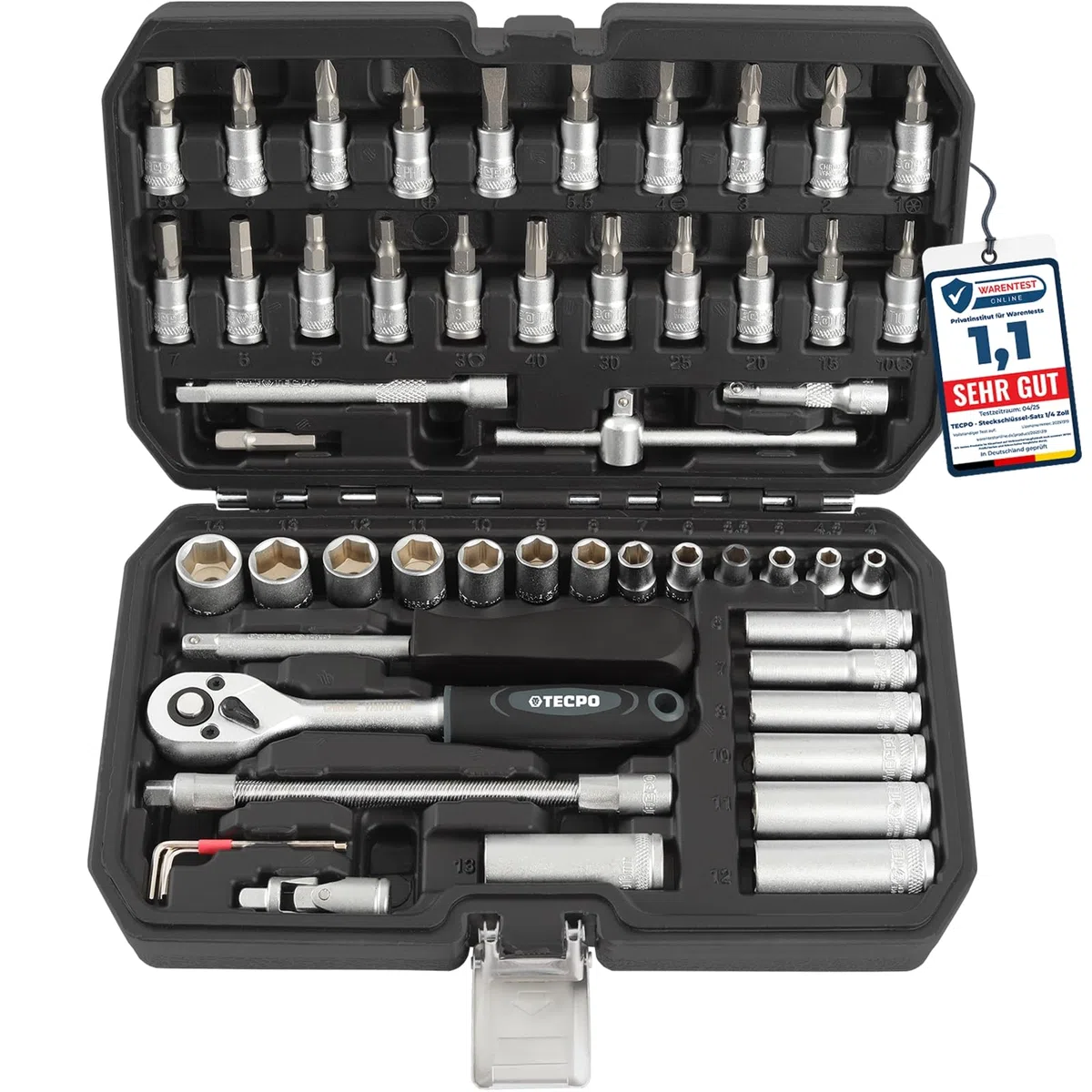 TecPo Set di chiavi a bussola, 53 pezzi, 1/4", chiavi a cricchetto, in acciaio CV
