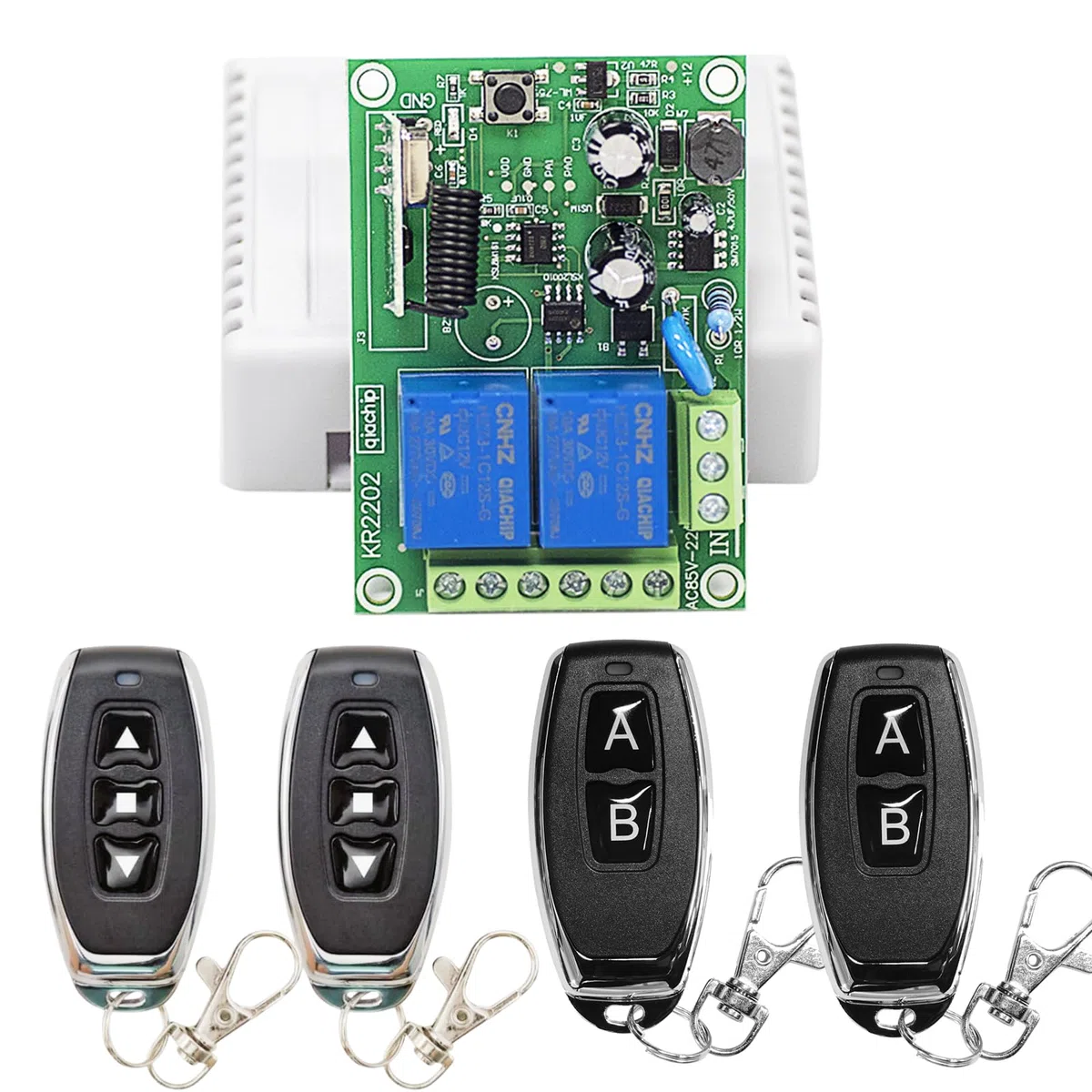 QIACHIP 433 MHz RF Radio Telecomando Interruttore 2 Canali AC 220V 230V Ricevitore relè senza fili con 4 Trasmettitori Controllo Remoto per motore porta garage tapparelle luce