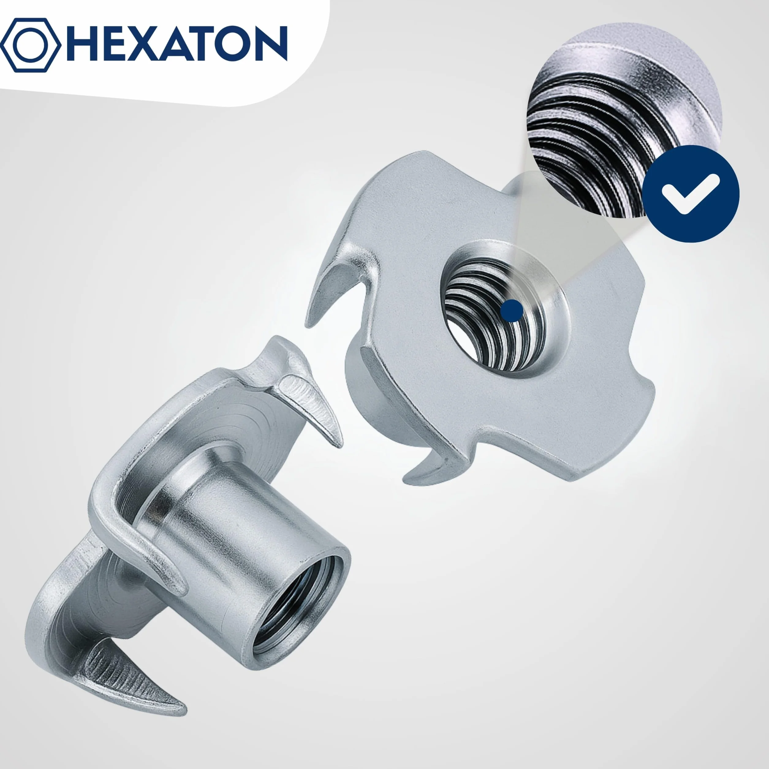 HEXATON Dadi a Griffe M6 x 15 mm - 100 Pezzi - Acciaio Zincato - Dadi a T con 4 Griffe per Legno Falegnameria e Montaggio Mobili